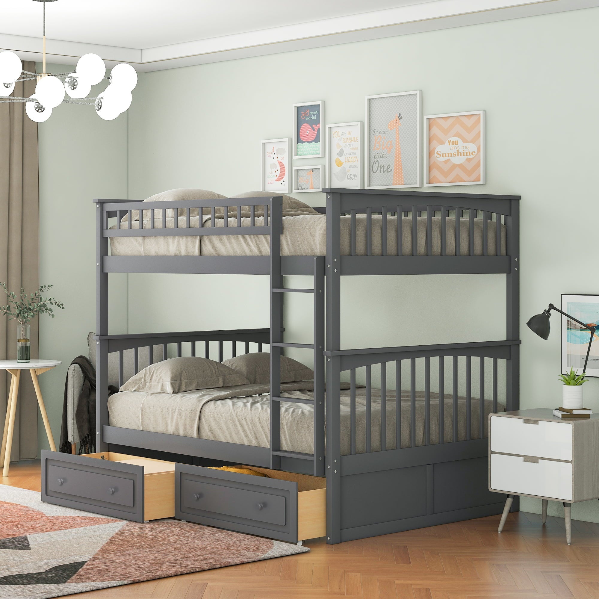 Euroco Pine Wood Bunk Bed With Storage, Full-Over-Full, Grey