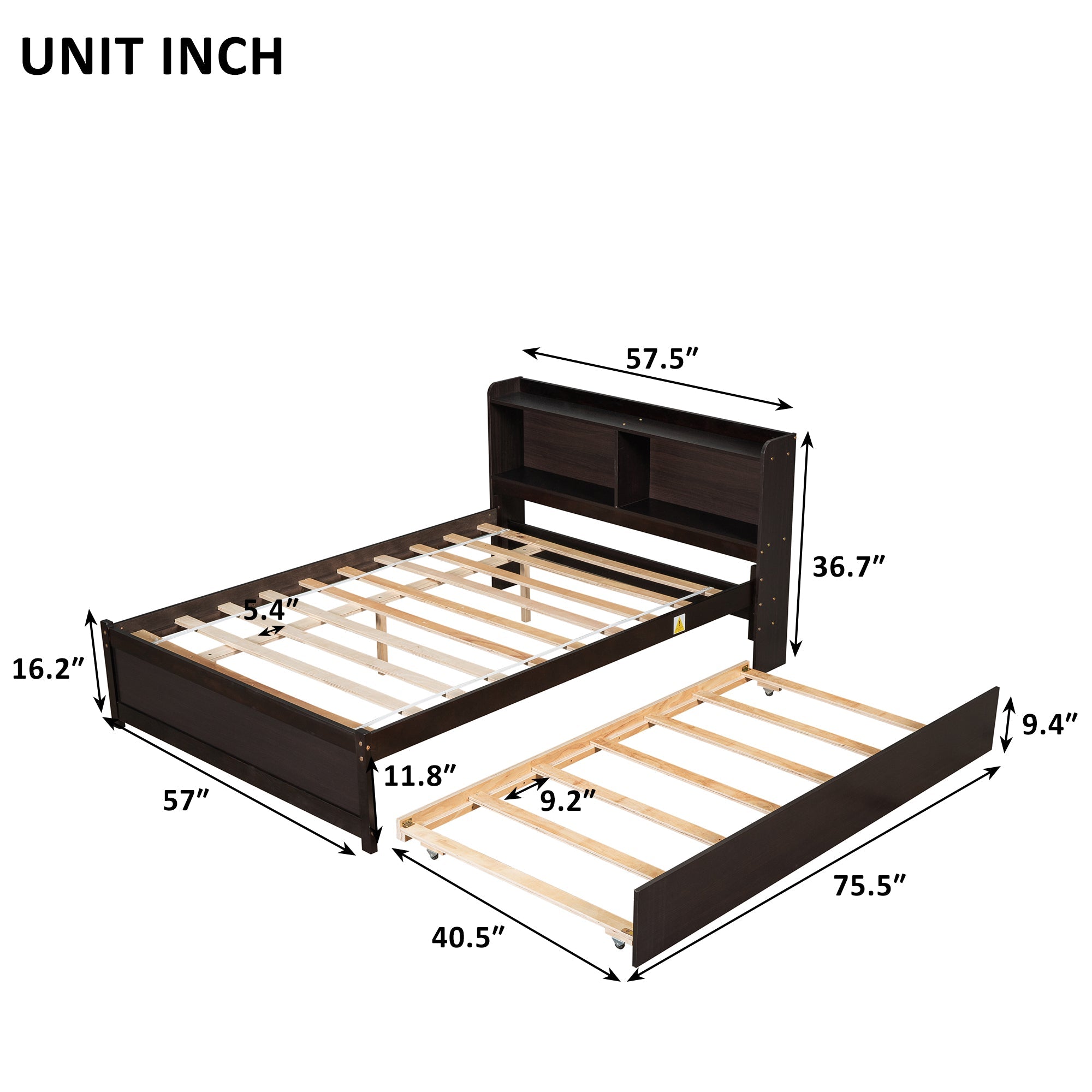 SYNGAR Full Bed Frame with Storage and Trundle for Teens Adults, Espresso Trundle Full Bed Frame with Bookcase Headboard, Solid wood, Easy to Assemble, No Box Spring Needed
