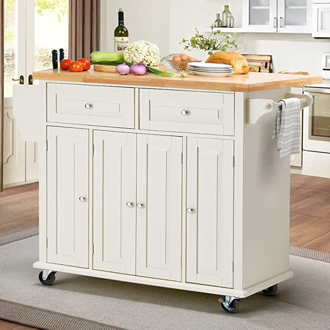 Rolling Kitchen Island Cart with Storage， Kitchen Cart with Drop-Leaf Rubber Wood Tabletop， Lockable Wheels， Trolley Cart Utility Cabinet， Towel Rack， Spice Rack Off-White