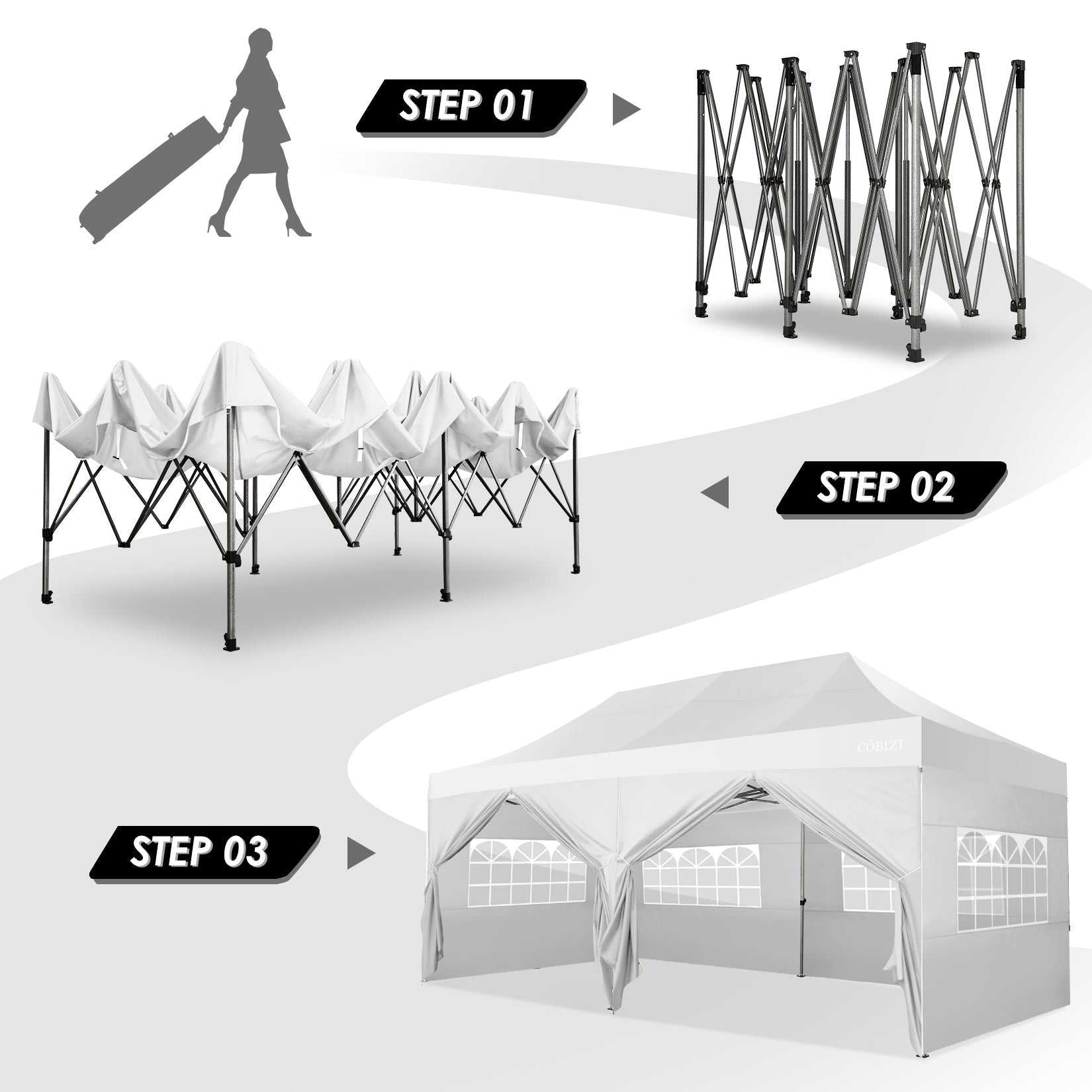 10'x20' Pop Up Canopy Waterproof Folding Tent Outdoor Easy Set-up Instant Tent Heavy Duty Commercial Wedding Party Shelter with 6 Removable Sidewalls, 6 Sandbags, Roller Bag, White