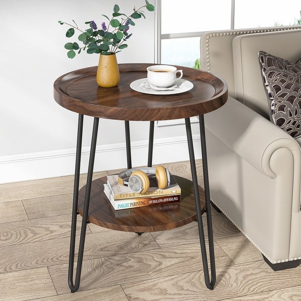 Wooden End Table， 2-Tier Round Side Table with Black Metal Frame， Sofa Beside table