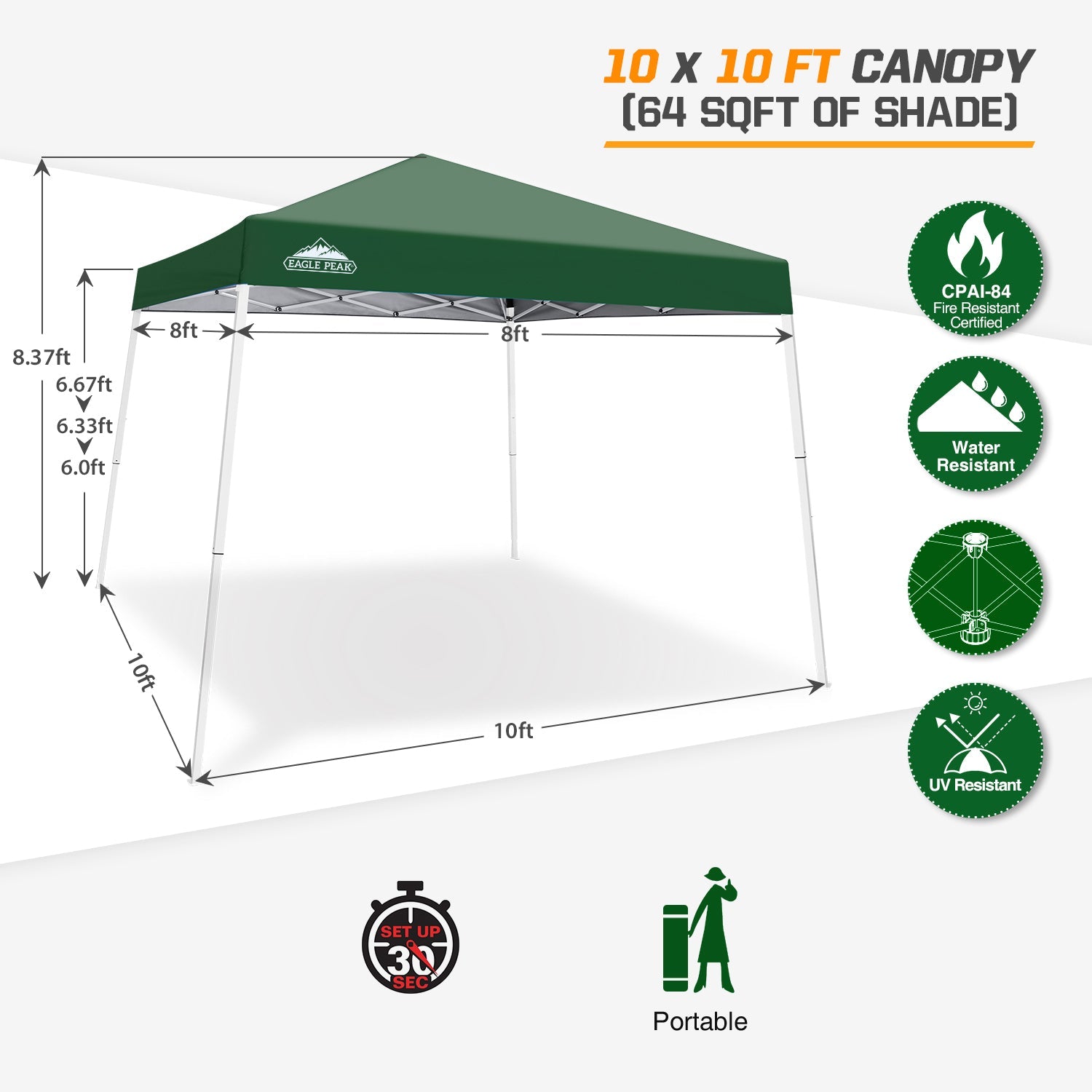 EAGLE PEAK 10' x 10' Slant Leg Pop-up Canopy Tent Easy One Person Setup Instant Outdoor Canopy Folding Shelter with 64 Square Feet of Shade (Green)