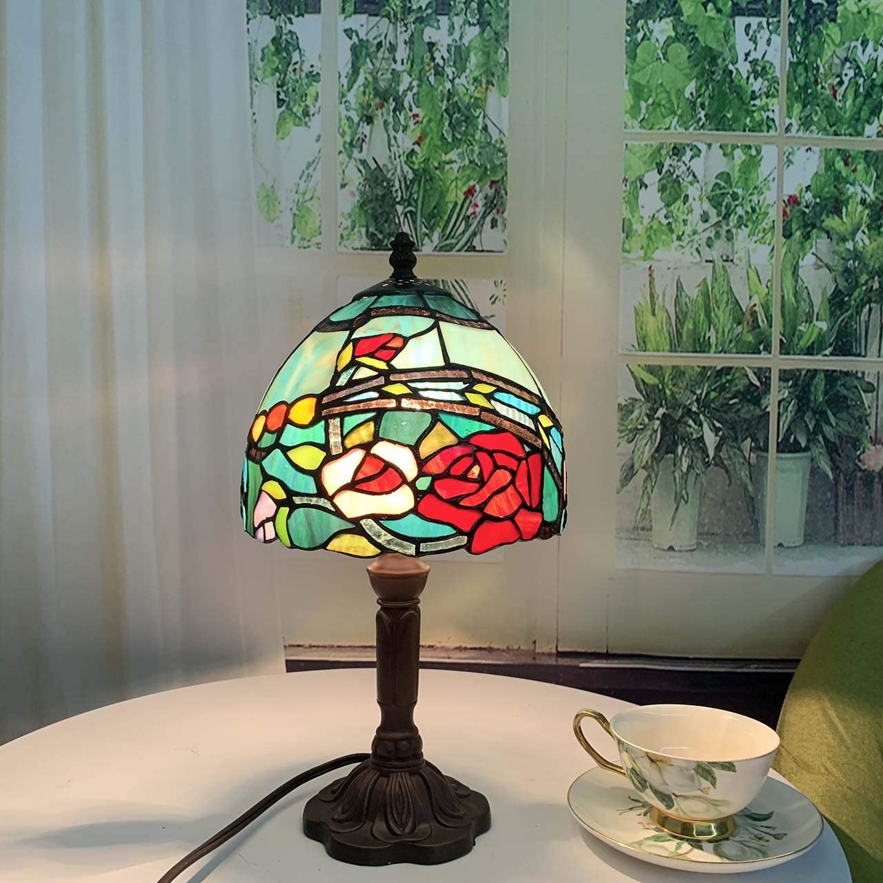 SHADY L10736 Rose Flower  Style Stained Glass Table Lamp with 8-inch Wide Lampshade  15-inch Tall  Red