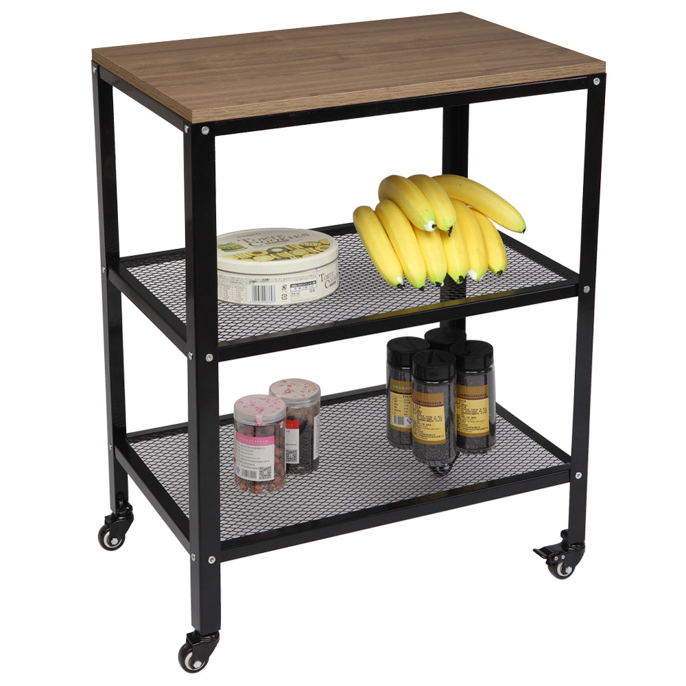 QEEK Serving Cart， 3-Tier Bar Cart on Wheels with Storage and Steel Frame， Microwave Cart， Rolling Kitchen Utility Cart， Standing Bakers Rack Storage Cart for Living Room， 23.6