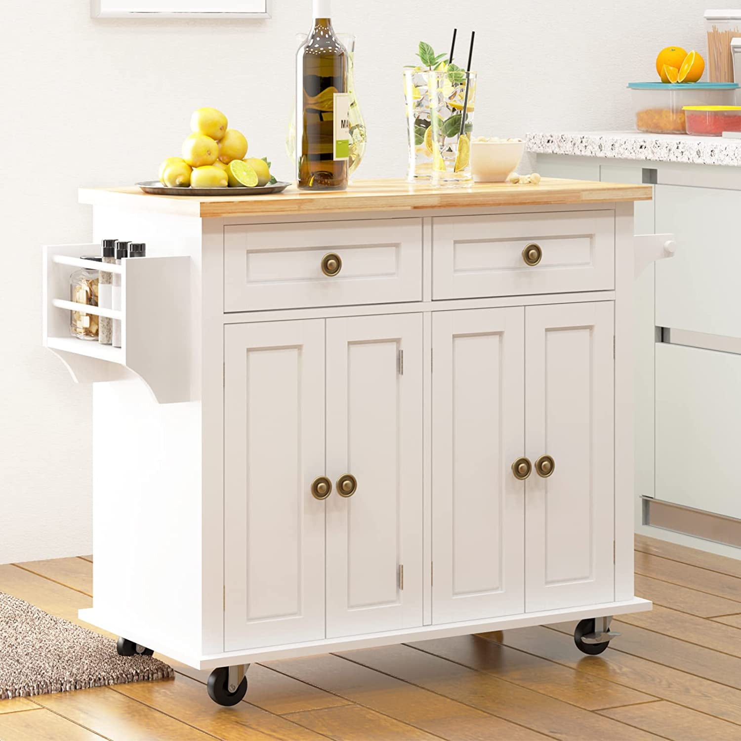 Soges Kitchen Island Trolley Cart Brown Wood Top Rolling Storage Cabinet White