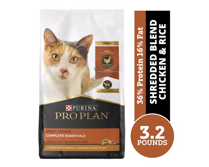 Purina Pro Plan Complete Essentials Shredded Blend Chicken  Rice Formula Adult Dry Cat Food， 3.2 lb. Bag