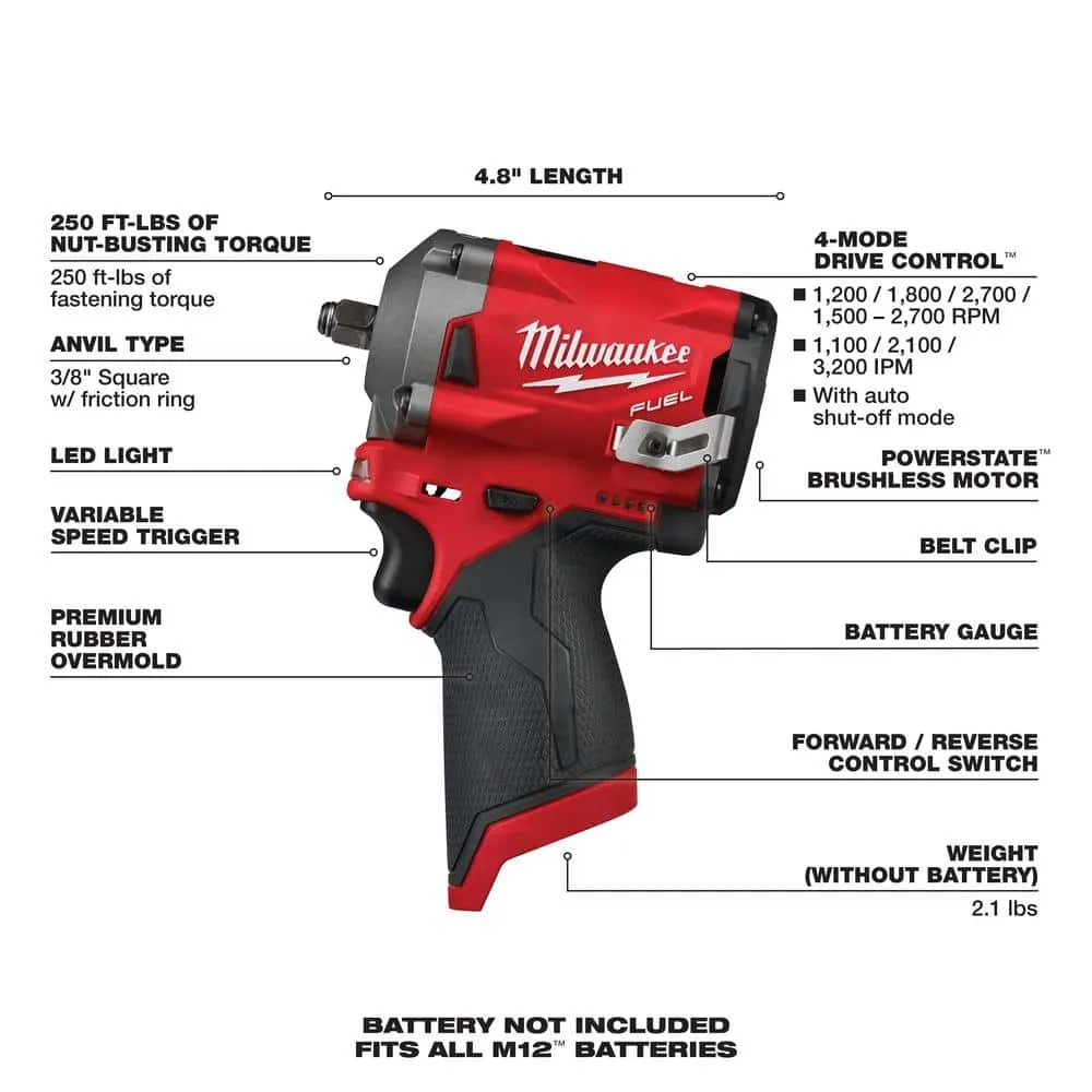 Milwaukee M12 FUEL 12-Volt Lithium-Ion Brushless Cordless Stubby 3/8 in. Impact Wrench Kit with (1) High Output 5.0 Ah Battery 2554-21HO