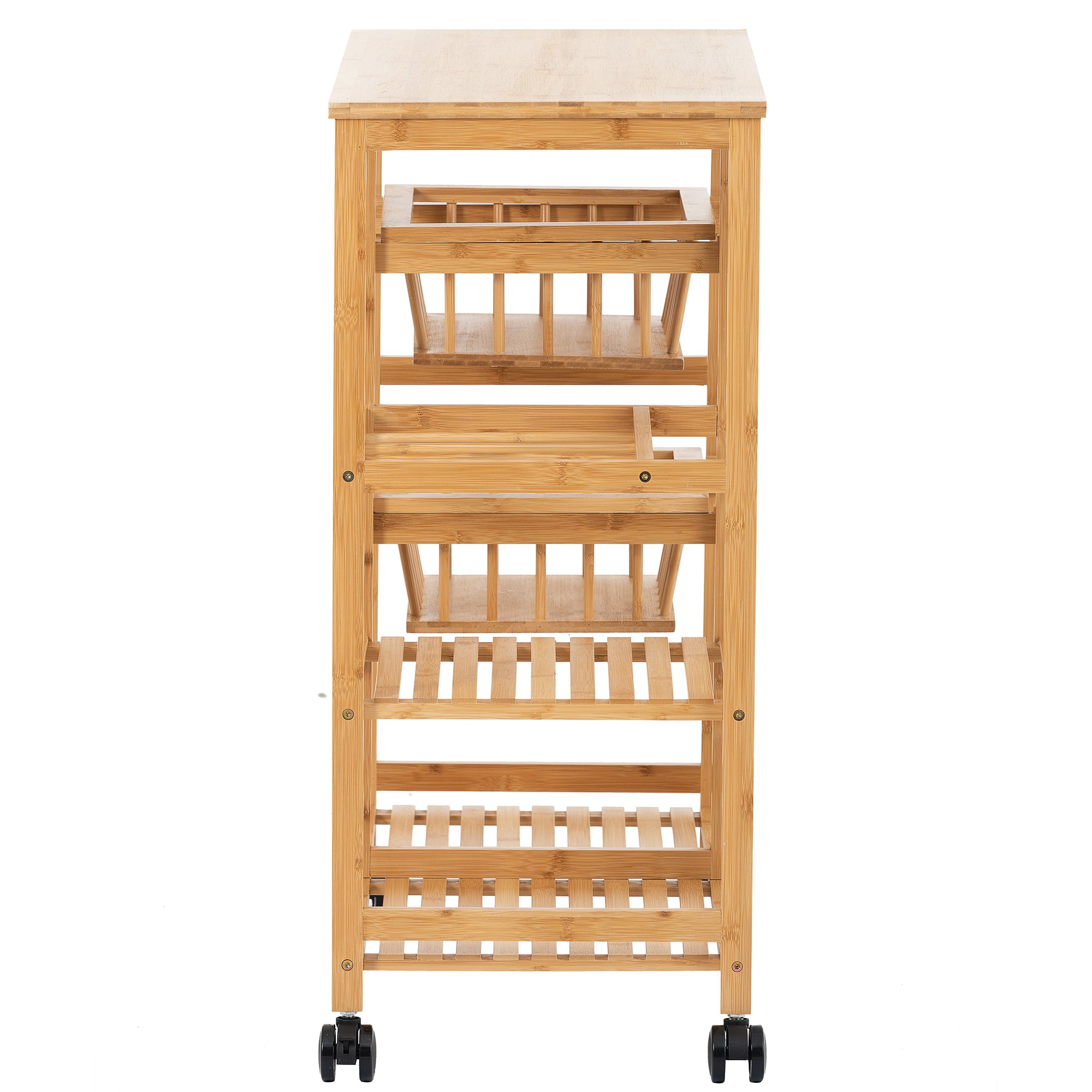 uhomepro Kitchen Rolling Microwave Cart on Wheels， Microwave Oven Stand Storage Cart on Wheels， Mobile Kitchen Cart， Bamboo Food Pantry Carts with Wine Rack， 3 Shelves， 2 Baskets