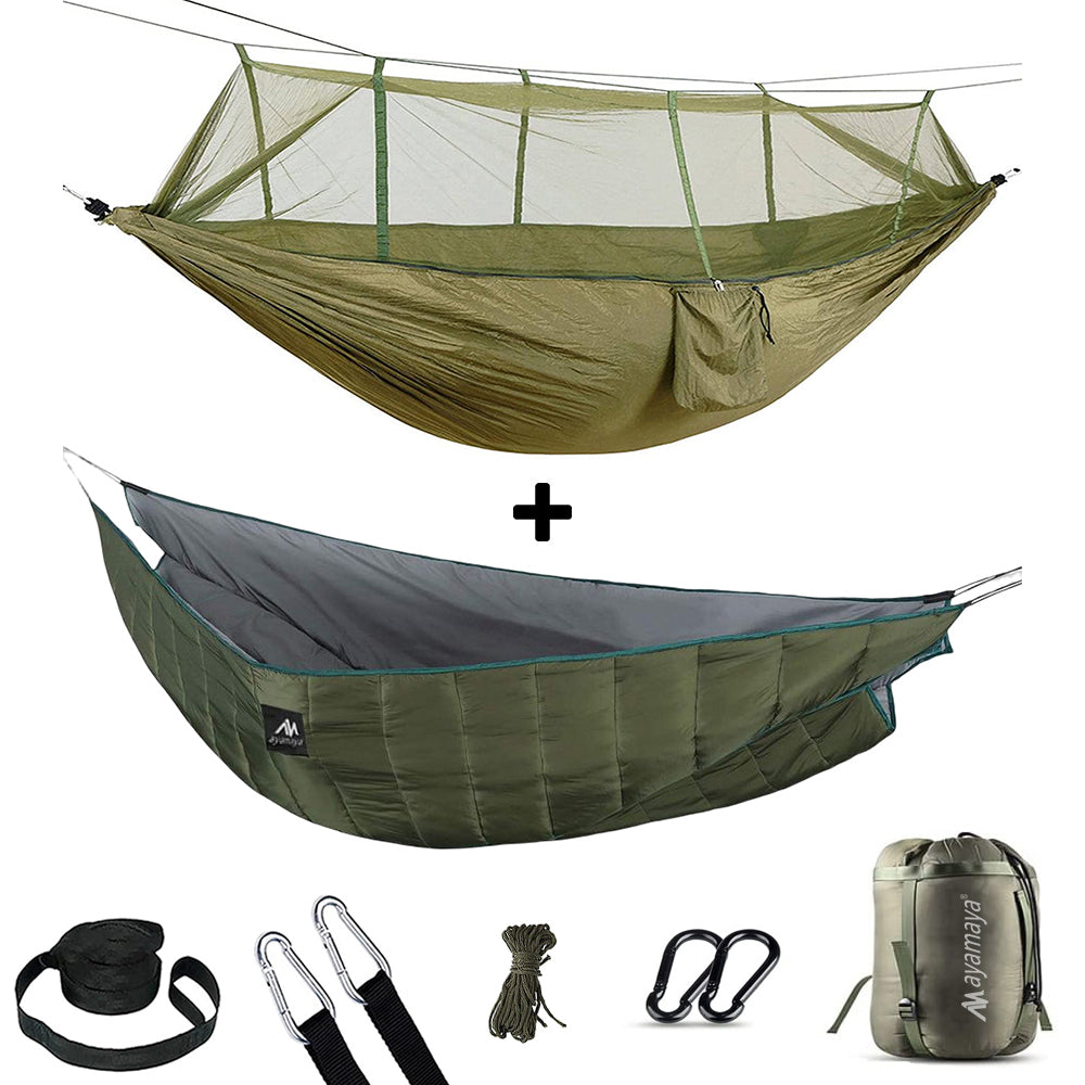 Double Camping Hammock With Mosquito Net+Supersized Underquilt of Hammock,Mesh And Hammock Closed Connection,Warm Blanket Bottom Insulation.Portable For Camping，Hiking Backpacking Travel