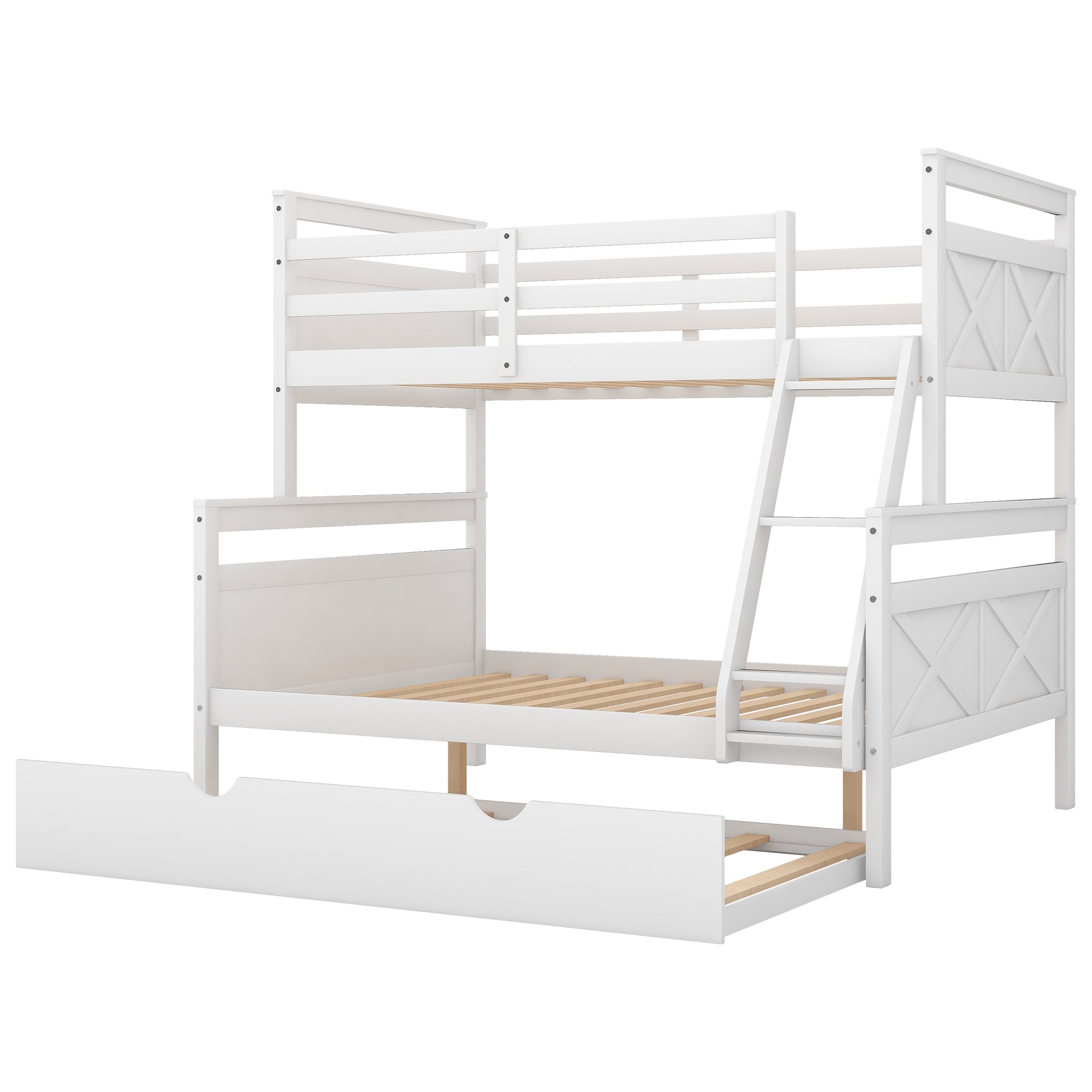 Euroco Wood Twin over Full Bunk Bed with Trundle for Kids & Adults for Bedrooms, White