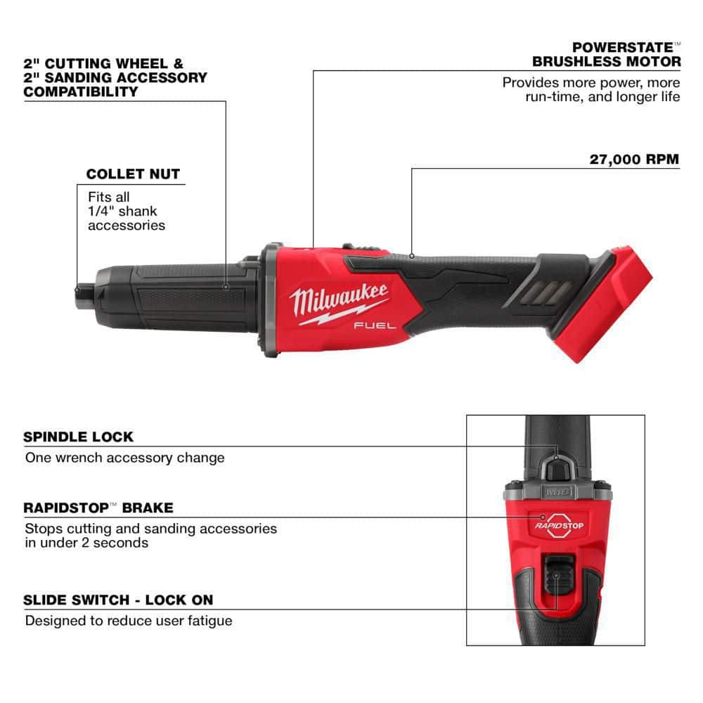 Milwaukee 2939-20 M18 FUEL 18V Lithium-Ion Brushless Cordless 1/4 in. Braking Die Grinder Slide Switch (Tool-Only)