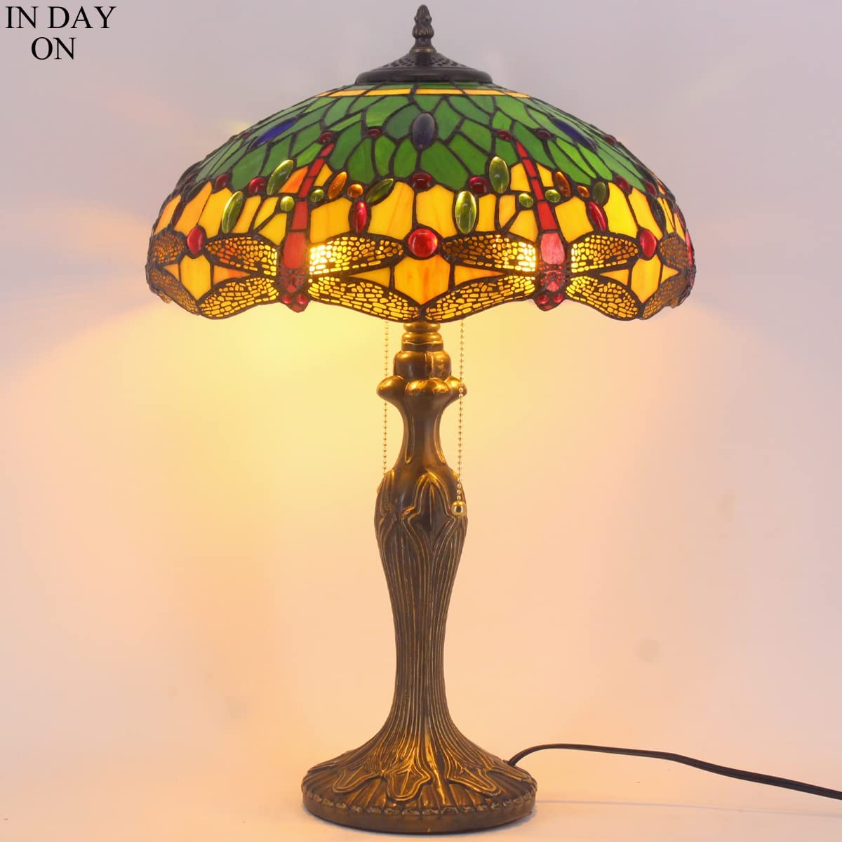  Lamp Stained Glass Bedside Table Lamp Green Yellow Dragonfly 16X16X24 Inches Desk Reading Light Metal Base Decor Bedroom Living Room Home Office S009G Series