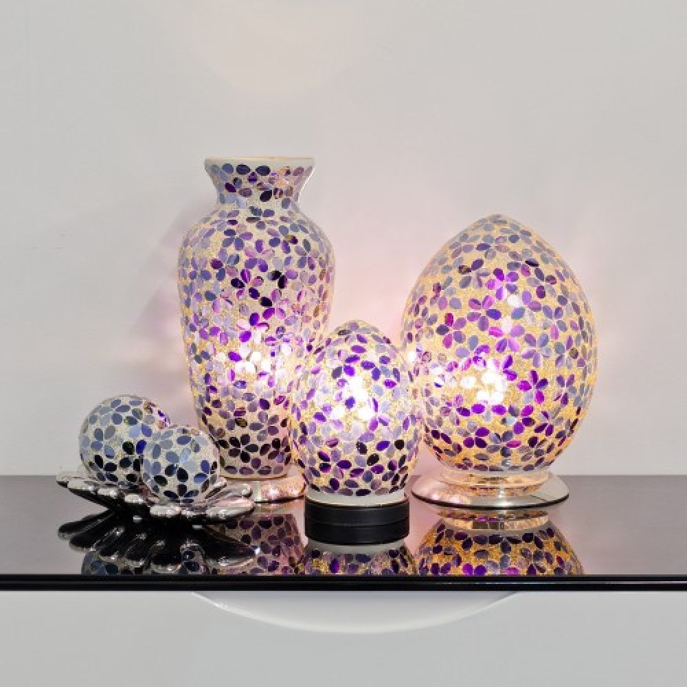 Britalia 880409 Purple Flower Mosaic Glass Vintage Egg Table Lamp 20cm