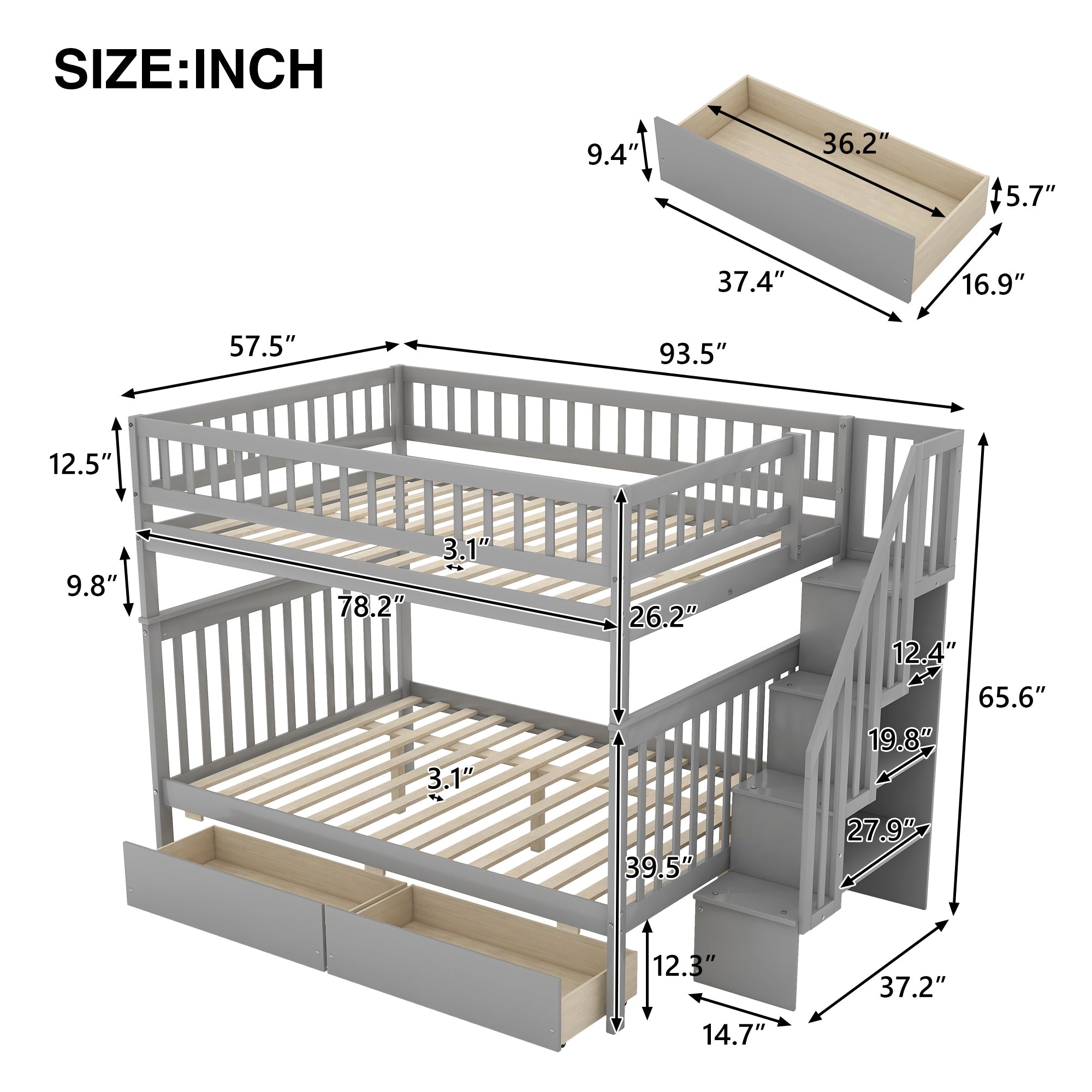 Euroco Full over Full Bunk Bed with Storage Shelves and 2 Under Storage Drawers for Kids Room