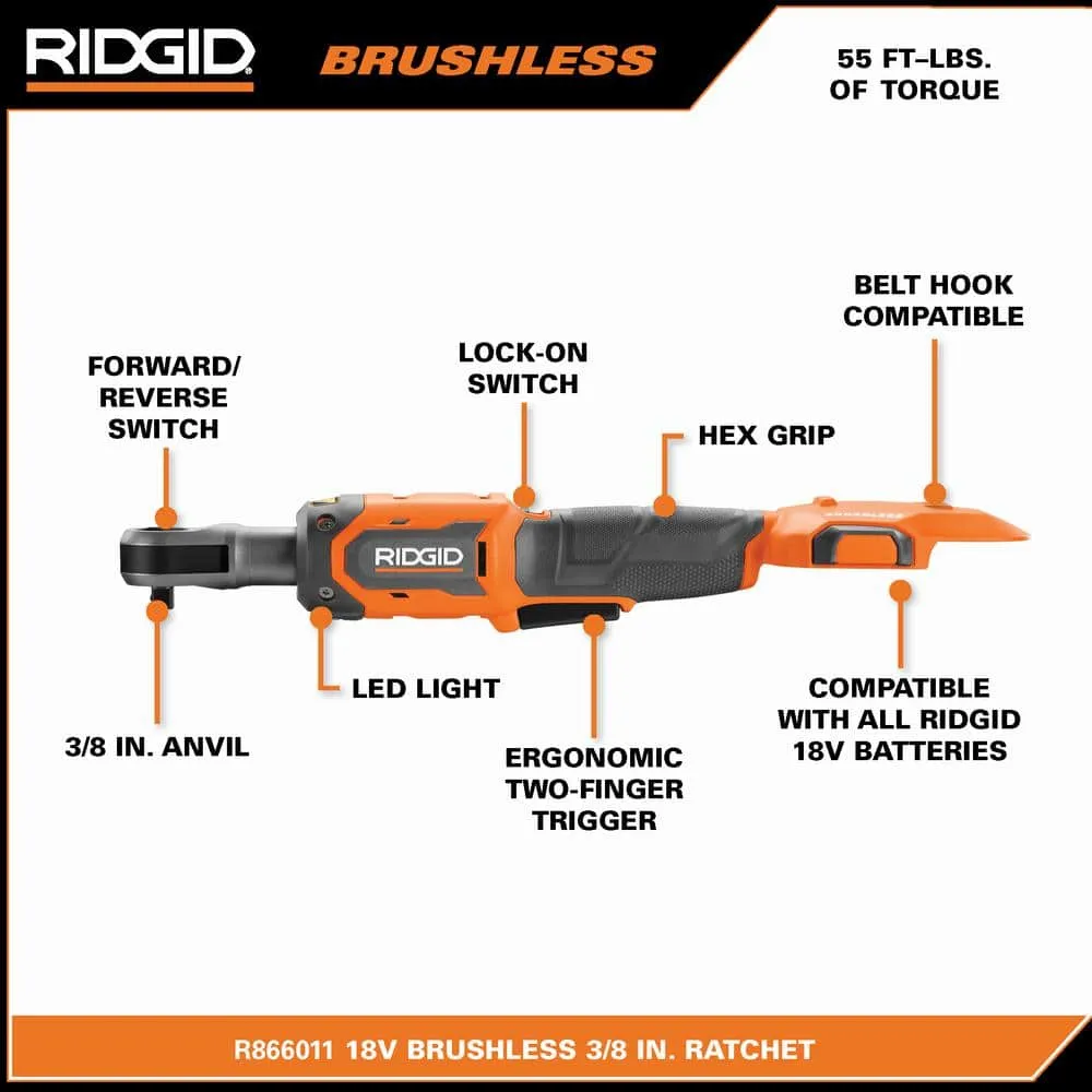 RIDGID 18V Brushless Cordless 2-Tool Combo Kit w/ 1/2 in. Impact Wrench, 3/8 in. Ratchet, 4.0 Ah MAX Output Battery and Charger R86012K-R866011B
