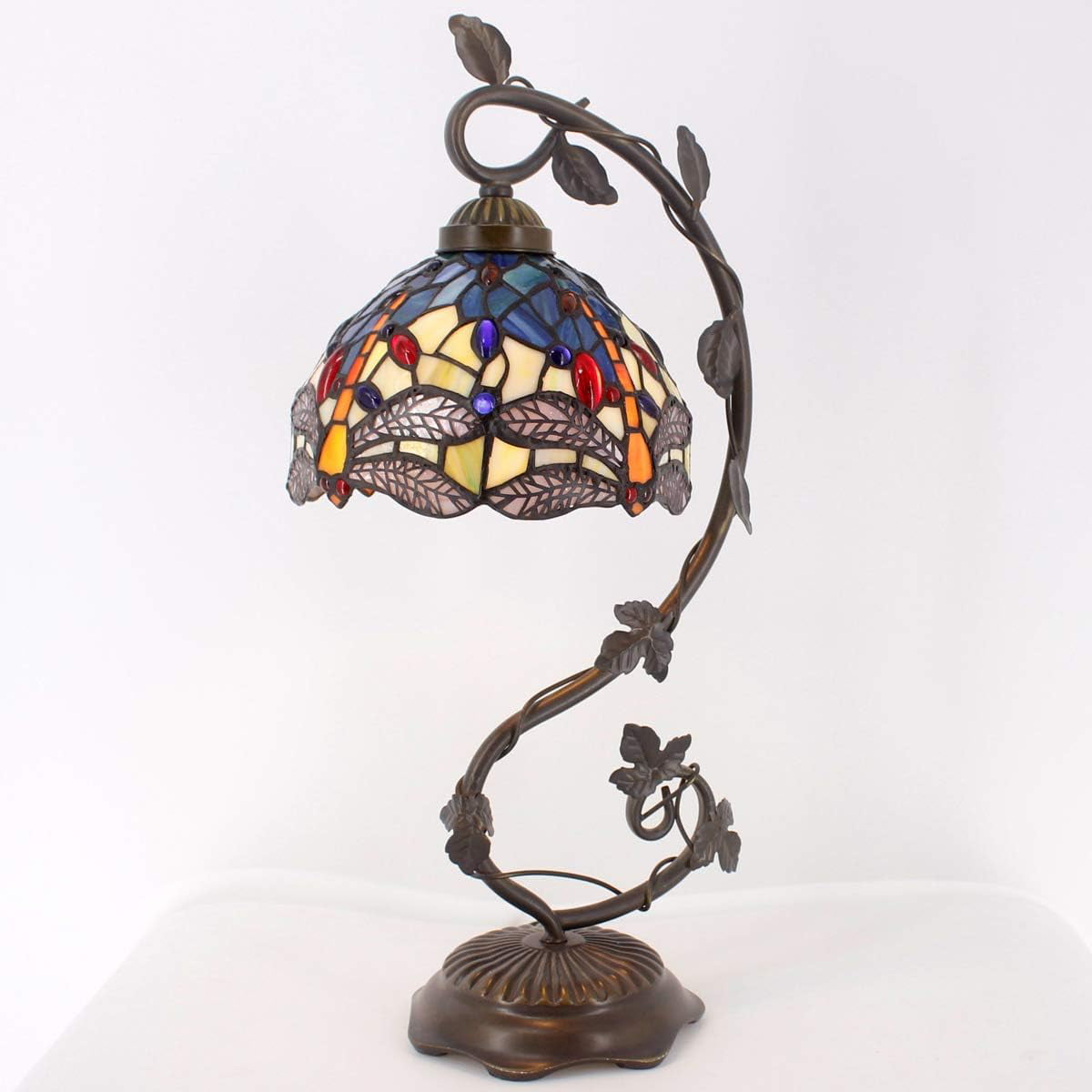 GEDUBIUBOO  Lamp Stained Glass Table Lamp Blue Yellow Dragonfly Style Desk Light Metal Leaf Base 8X10X21 Inches Decor Small Space Bedroom  Office S128 Series