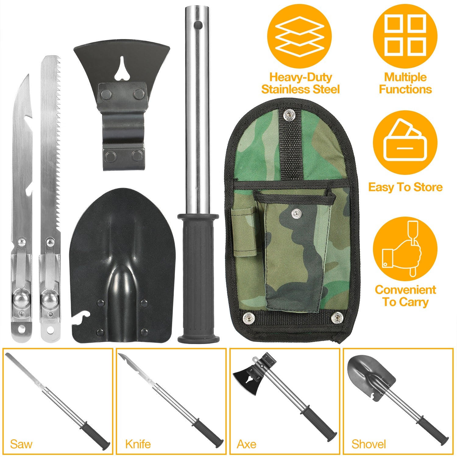 iMountek 6PCS Survival Camping Hiking Steel Multi-Tool Knife Shovel Axe Saw Gear kit