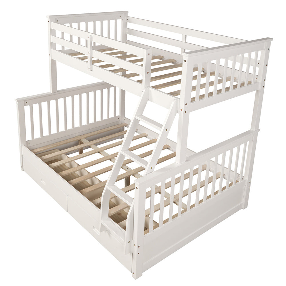 Vanelc Twin Over Full Bunk Bed with Two Storage Drawers, Pine Wood Frame and Ladder with Guard Rails for Teens, Boys, Girls, White