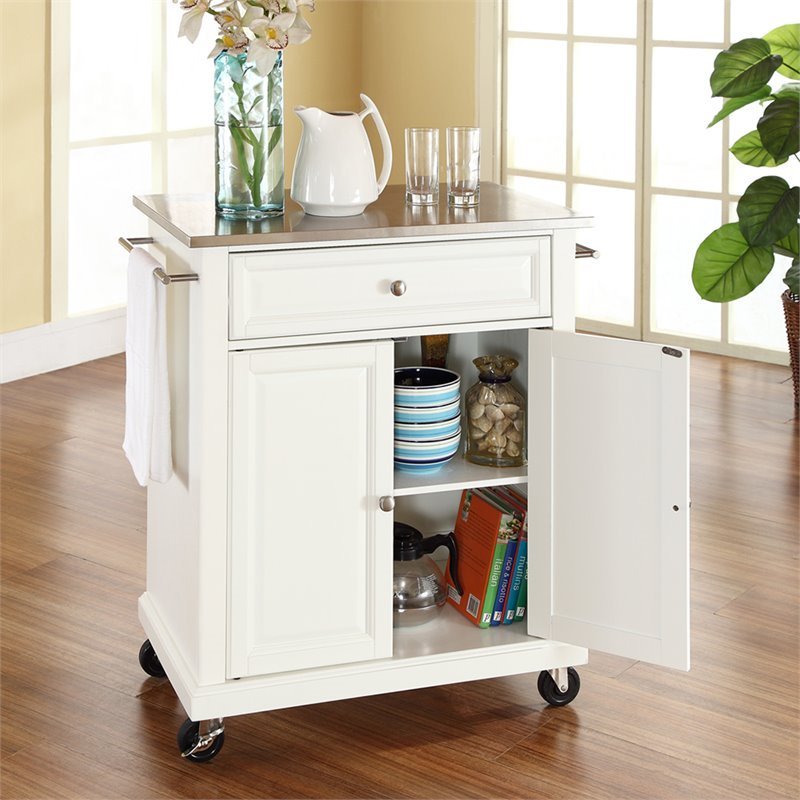 Bowery Hill Stainless Steel Top Kitchen Cart in White