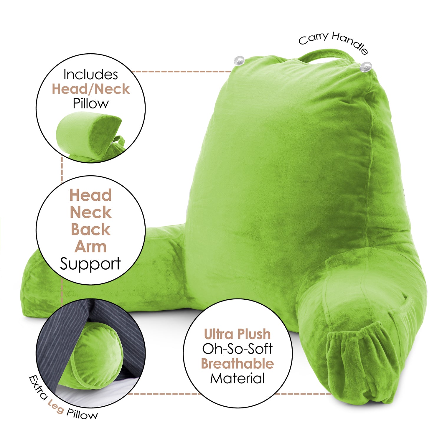 Nestl Reading Pillow, Extra Large Bed Rest Pillow with Arms – Premium Shredded Memory Foam TV Pillow, Detachable Neck Roll & Lumbar Support Pillow - Garden Green