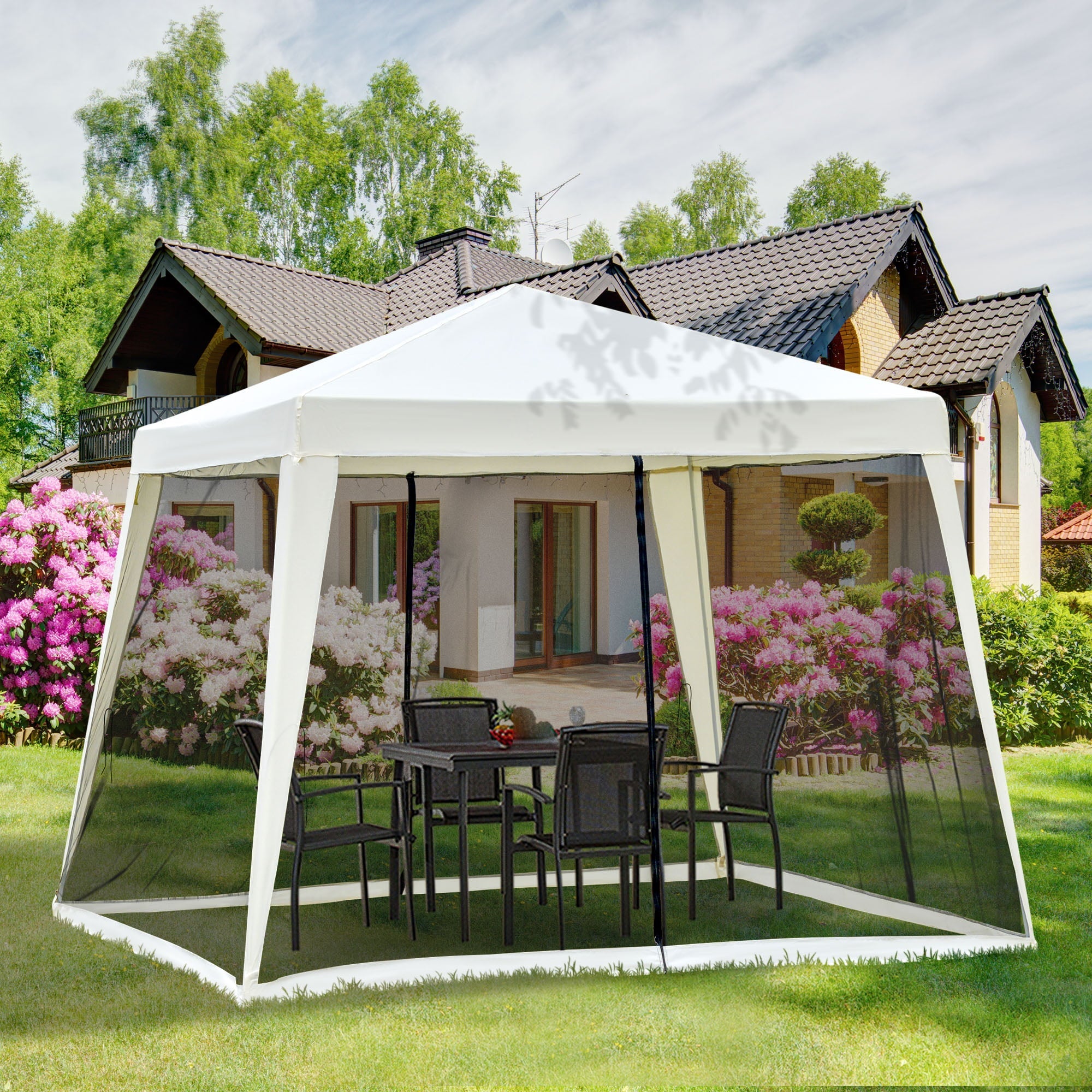 Outsunny Outdoor Sun Shade Gazebo Canopy Tent with Mesh Screen Walls Beige, Cabanas, 10 ft Width