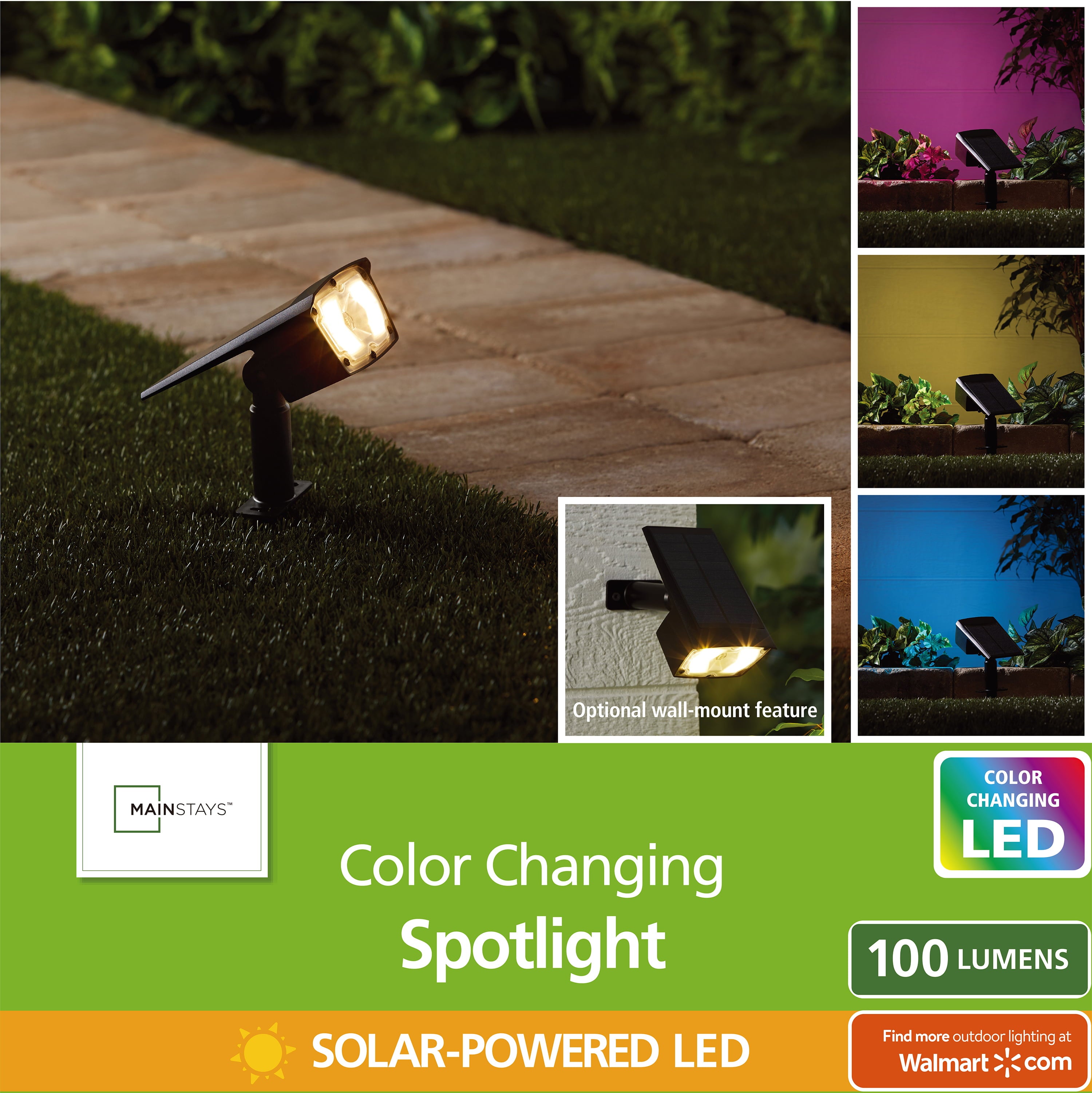 Mainstays 100 Lumen Solar Powered Color Change LED Spotlight Color Change Spotlight with Mount or Ground Stake Option
