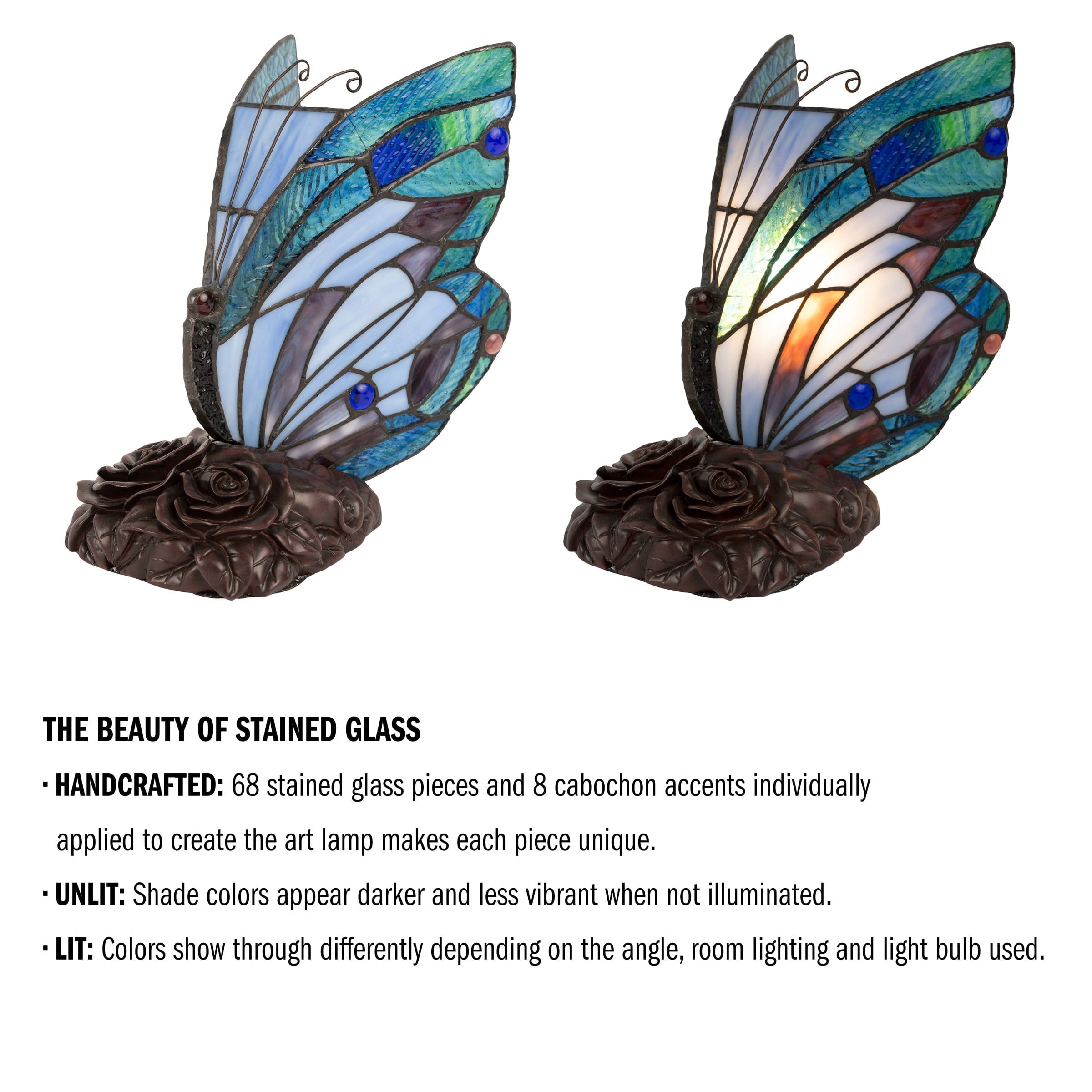  Style Butterfly Lamp-Stained Glass Table or Desk Light LED Bulb Included-Vintage Look Colorful Accent Décor by Lavish Home (Pointed Wings)