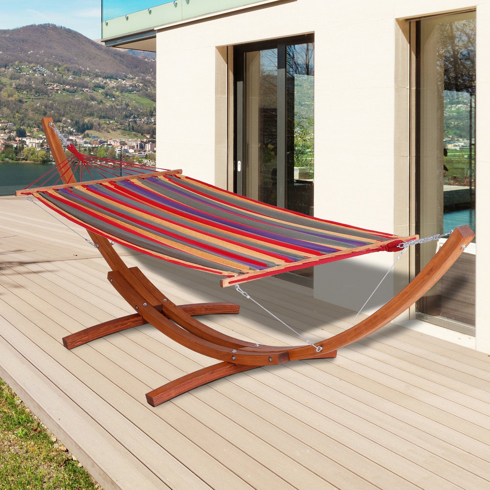 ikayaa Wide Outdoor Arch Wooden Hammock Bed with Stand featuring Modern Design Aesthetic & Water-Fighting Material - Multi-color Stripe