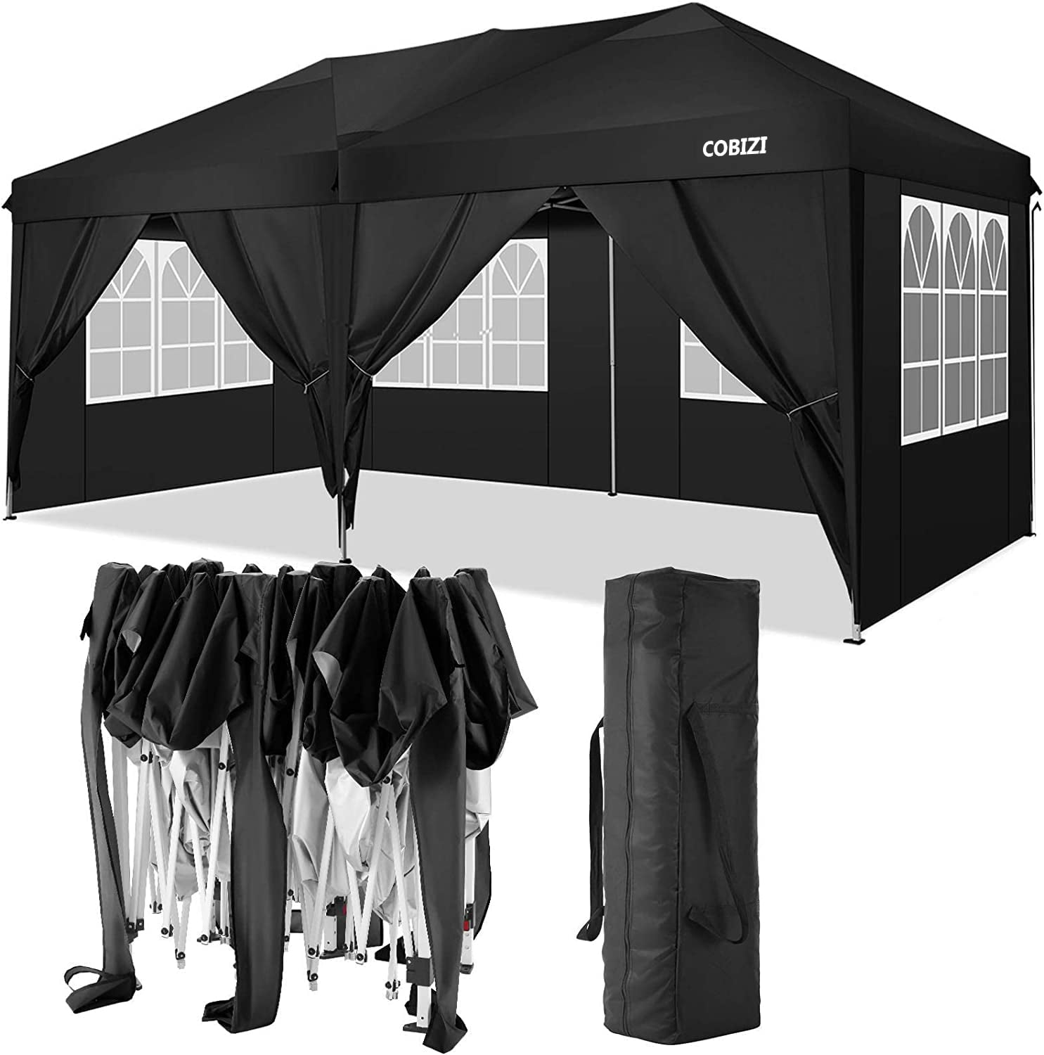 COBIZI Canopy 10' x 20' Pop Up Canopy Tent Heavy Duty Waterproof Adjustable Commercial Instant Canopy Outdoor Party Canopy with 6 Removable Sidewalls, Carry Bag, Black
