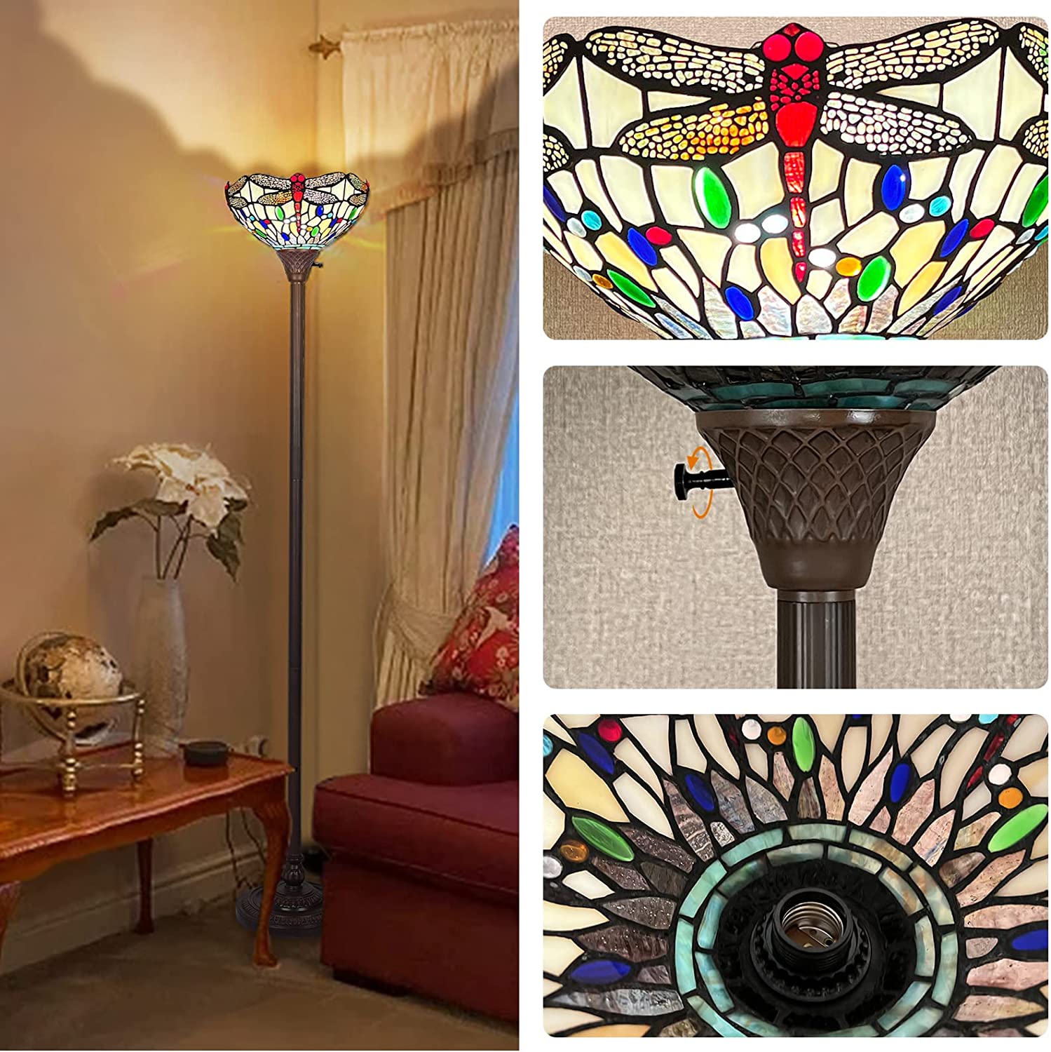 BBNBDMZ  Torchiere Floor Lamp Industrial Dark Bronze Pole Dragonfly Style Grapefruit Orange Stained Glass Standing Torch Up Light for Living Room Bedroom Office