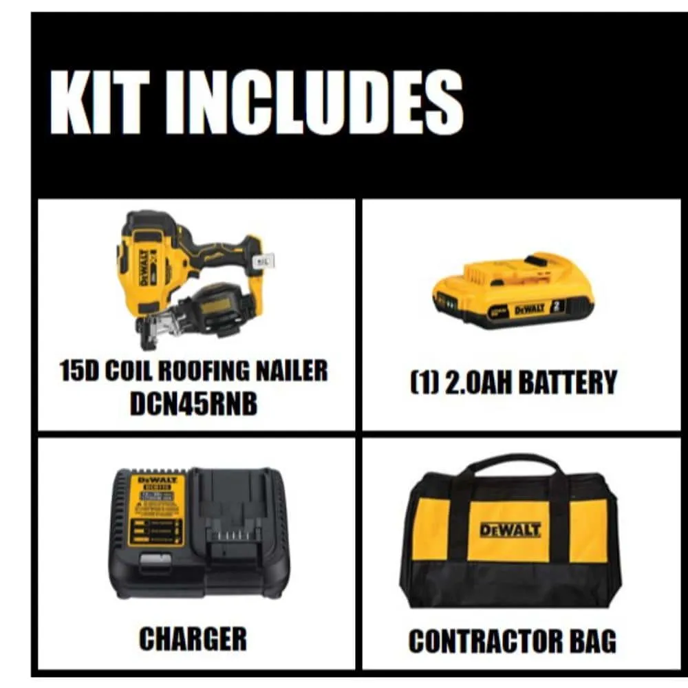 DEWALT 20V MAX Lithium-Ion 15-Degree Cordless Roofing Nailer Kit with 2.0Ah Battery Charger and Bag DCN45RND1