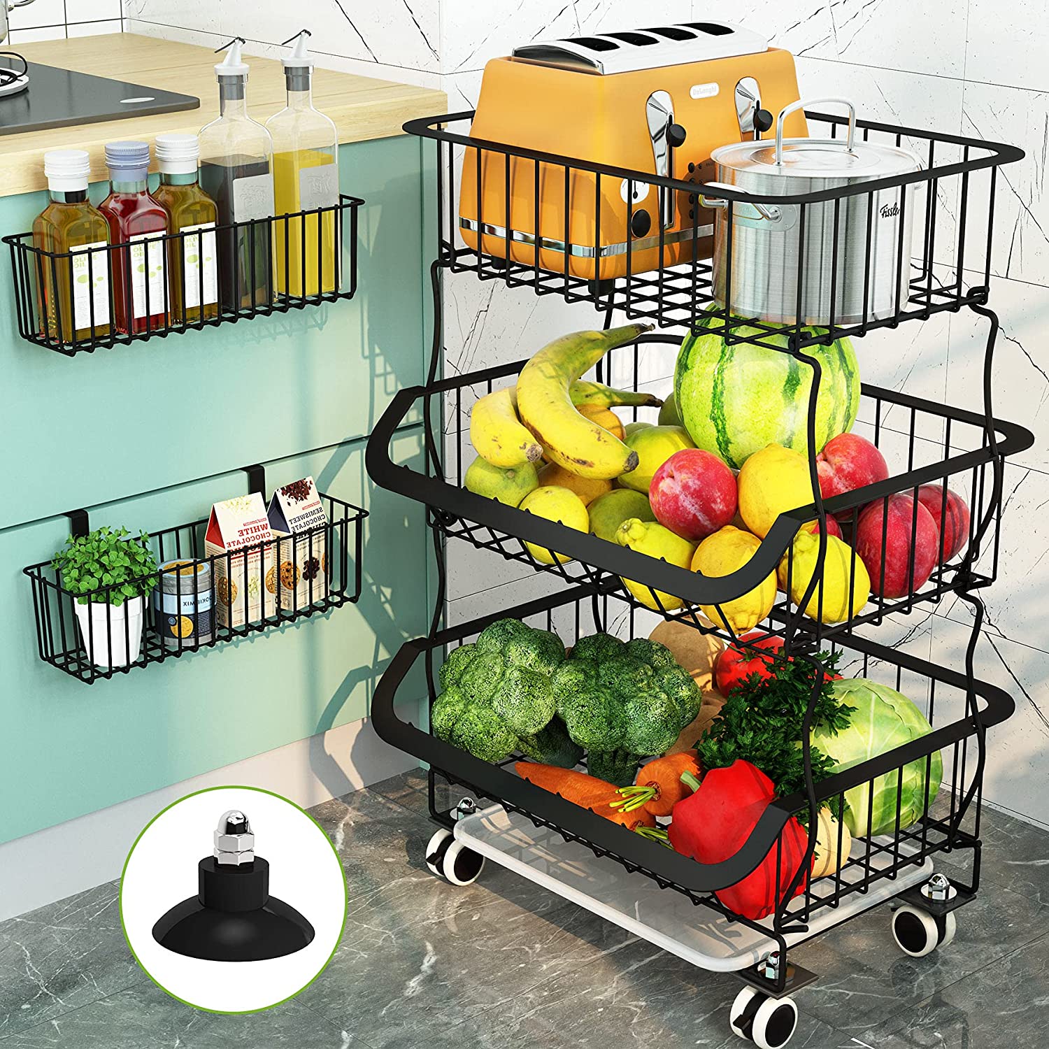 Fruit Basket， 3 Tier Stackable Metal Wire Basket Cart with Rolling Wheels， Utility Rack for Kitchen， Pantry， Garage， With 2 Free Baskets (3 tier)