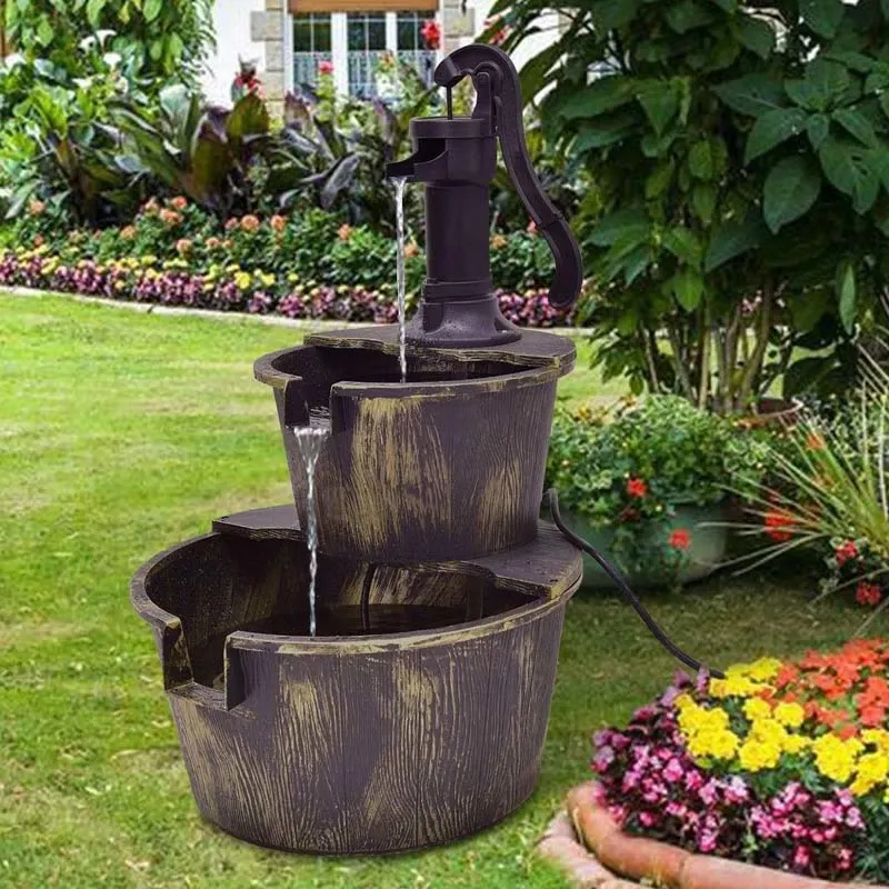 2 Tier Outdoor Rustic Pump Barrel Waterfall Fountain for Garden