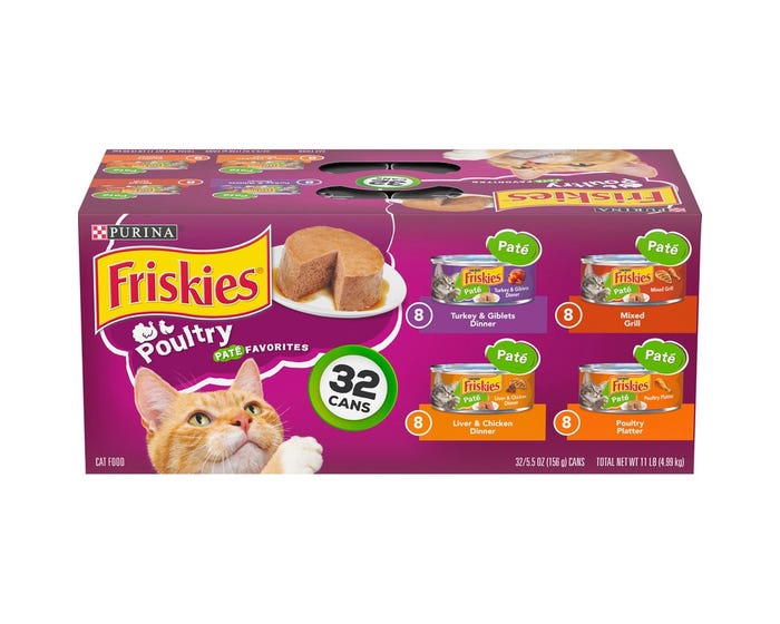 Purina Friskies Pate Wet Cat Food Variety Pack， Poultry Favorites， (32) 5.5 oz. Cans