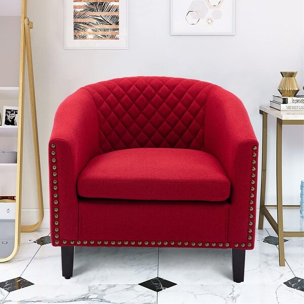 Modern Accent Barrel Chair with Nailheads， Wood Legs and Chrome Nailhead Trim， Living Room Chair with Curved Edges， Red
