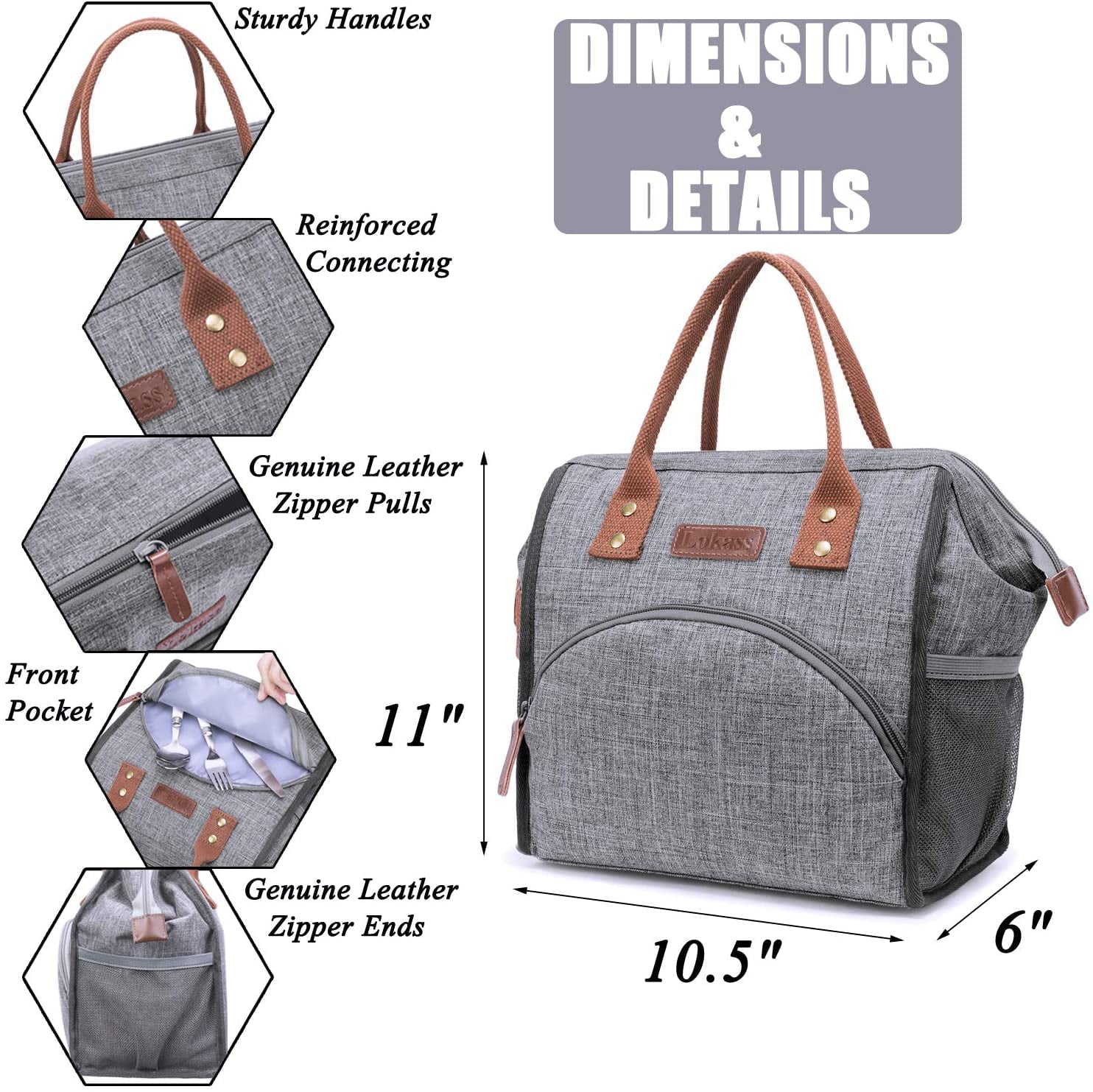 LOKASS Lunch Bag Women Insulated Lunch Box Wide-Open Lunch Tote Bag Large Drinks Holder Durable Nylon Thermal Snacks Organizer for Men Adults College Work Picnic Hiking Beach Fishing， Grey