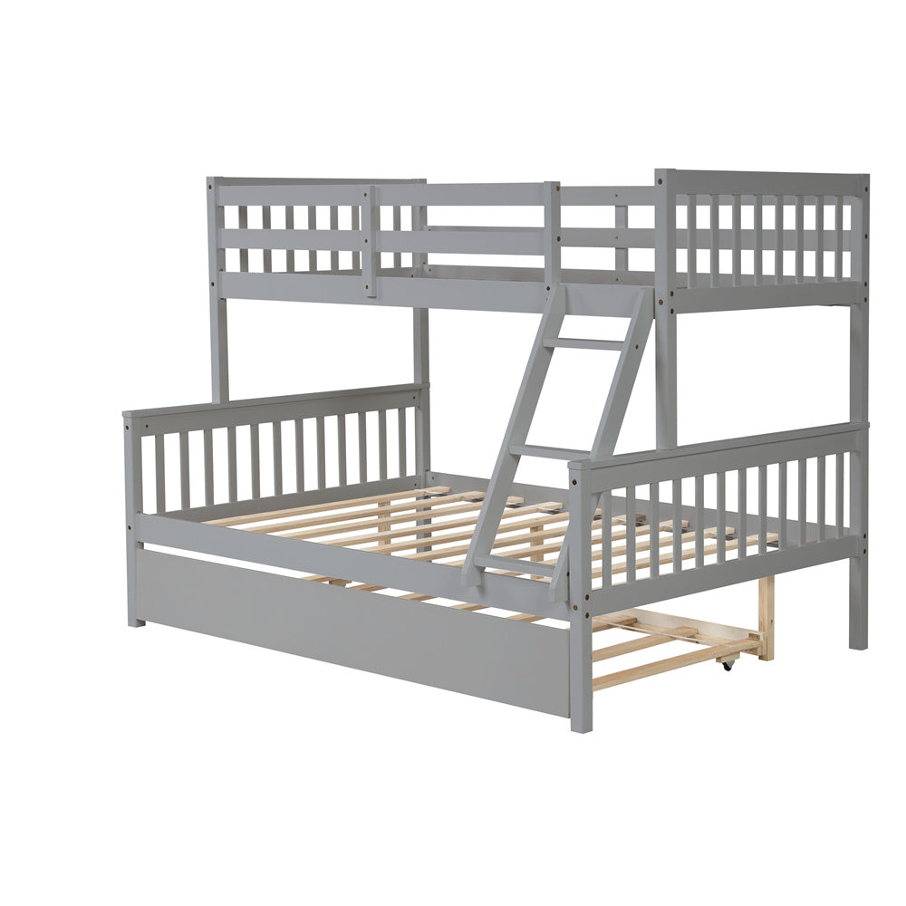 Vanelc Twin Over Full Bunk Bed with Trundle, Pine Wood Frame and Ladder with Guard Rails for Teens, Boys, Girls, Gray