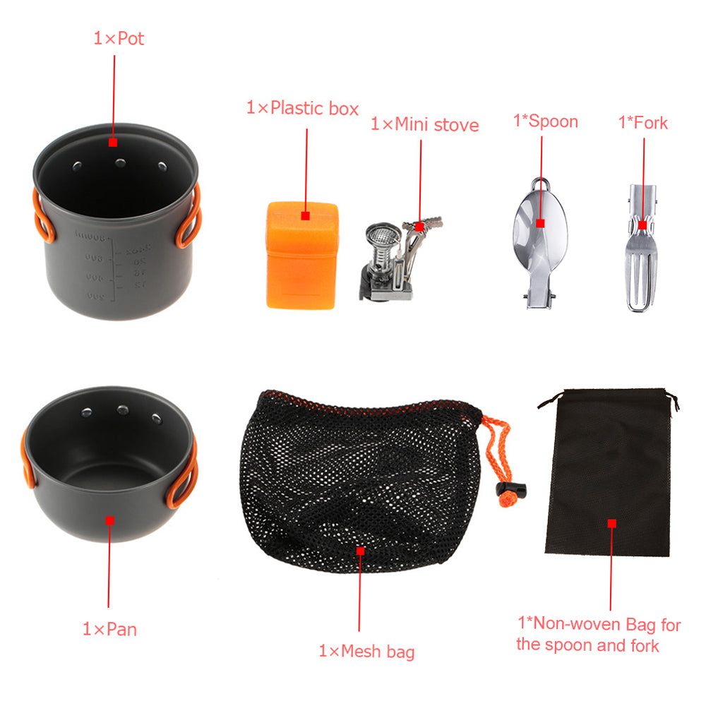 Outdoor Camping Hiking Cookware with Camping Piezoelectric Ignition Backpacking Cooking Picnic Pot Set Cook Set With Fork and Spoon