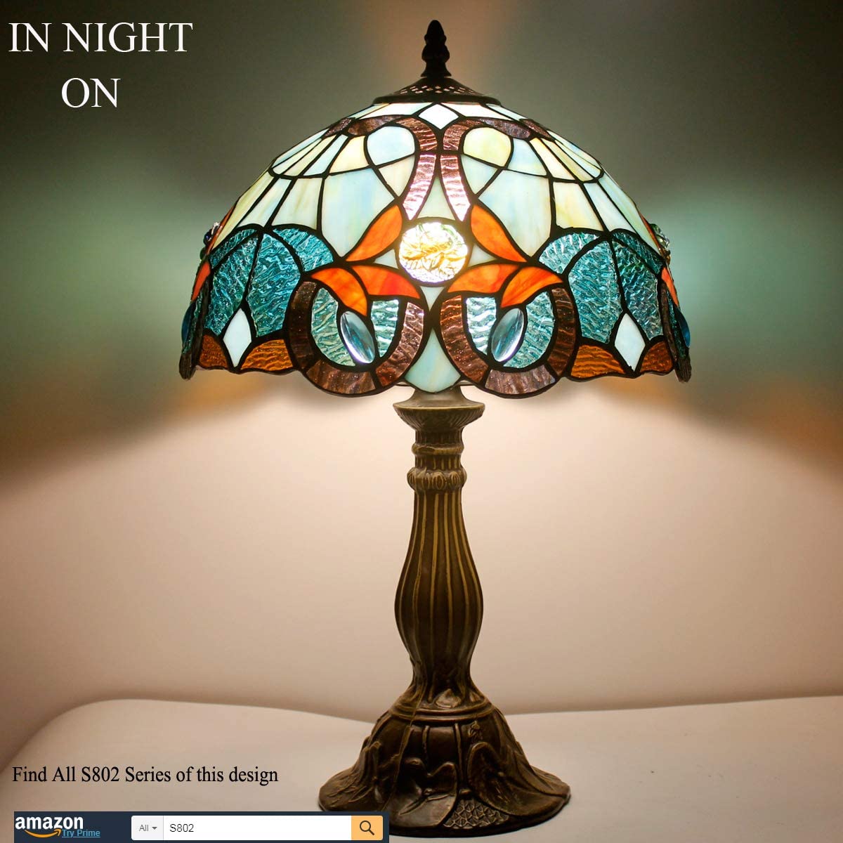 SHADY  Table Lamp Stained Glass Bedside Lamp Green Blue Floral Desk Reading Light 12X12X18 Inches Decor Bedroom Living Room Home Office S802 Series