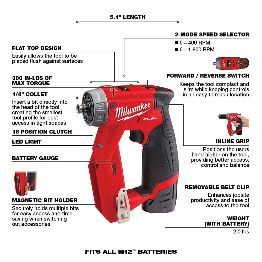 Milwaukee M12 FUEL 12V Lithium-Ion Brushless Cordless 4-in-1 Installation 3/8 in. Drill Driver Kit with 4-Tool Heads 2505-22