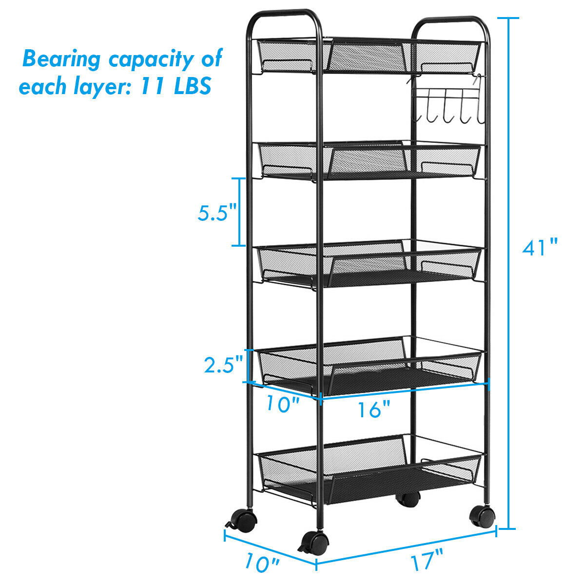 Topbuy 5Tier Mesh Rolling Utility Cart Storage Basket Home Kitchen w/Wheel Black