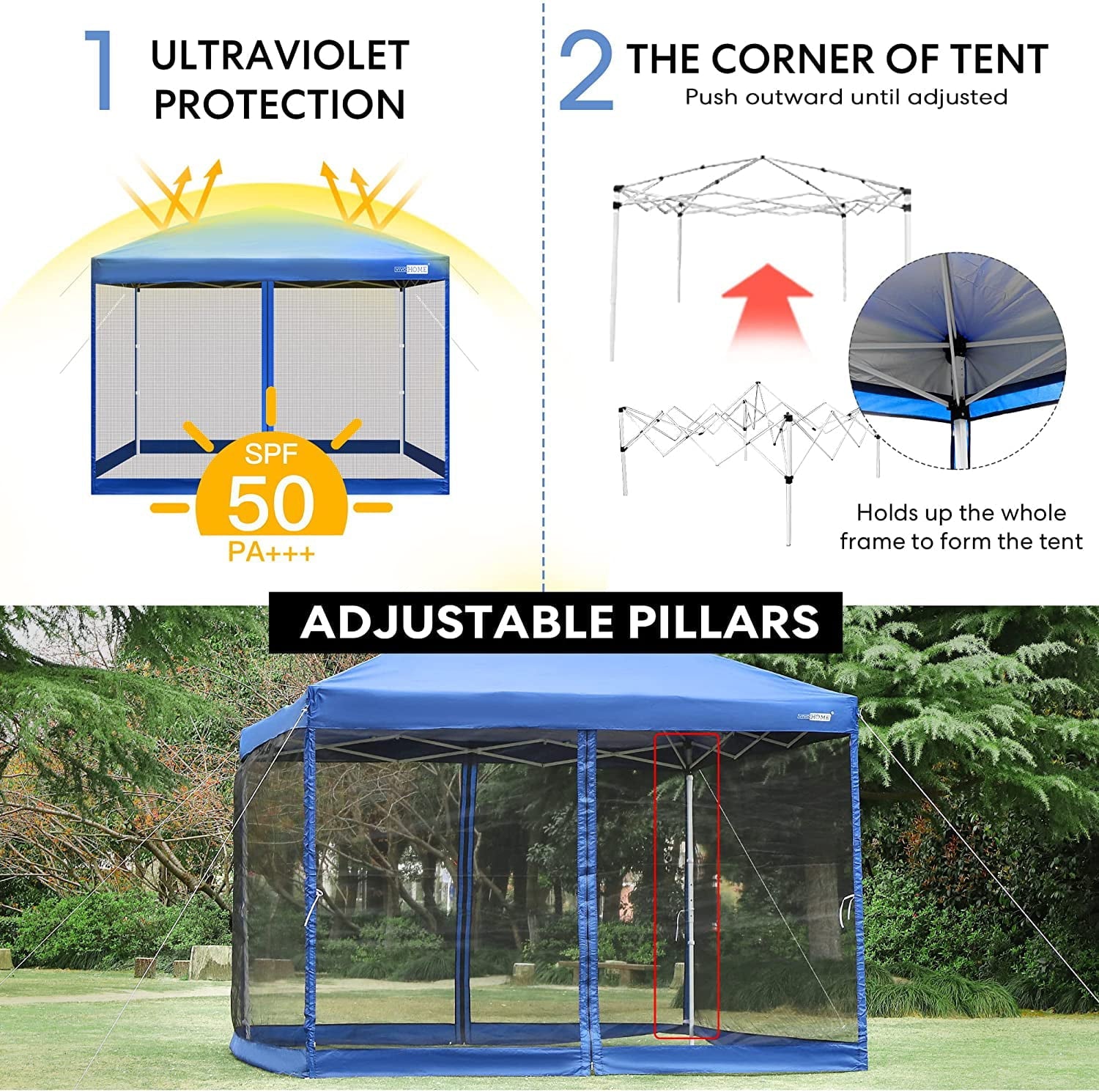 VIVOHOME 210D Oxford Outdoor Easy Pop Up Canopy Screen Party Tent with Mesh Side Walls (8 x 8 FT, Blue)