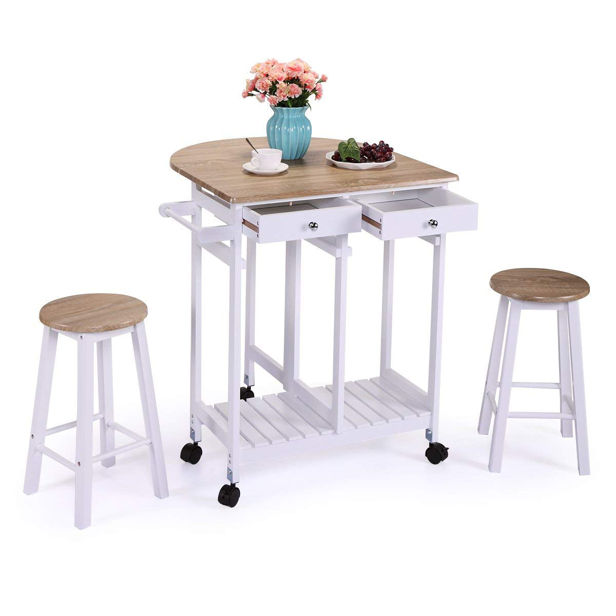 Zimtown Kitchen Cart Island Trolley Storage Dining Table 2 Bar Stools 2 Drawers
