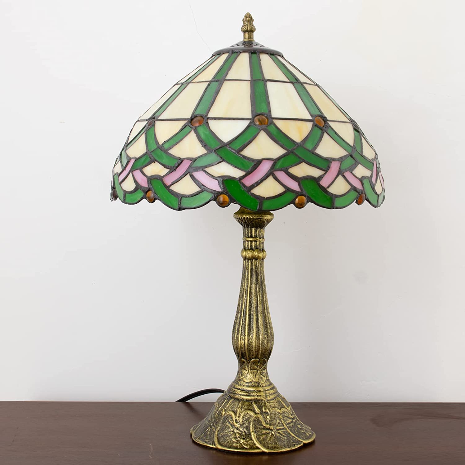 SHADY  Table Lamp Stained Glass Bedside Lamp Green Floral Desk Reading Light 18&#34; Tall Vintage Antique Style Banker Lamp Room Bedroom Living Study Coffee Bar Office LED Bulb Inc