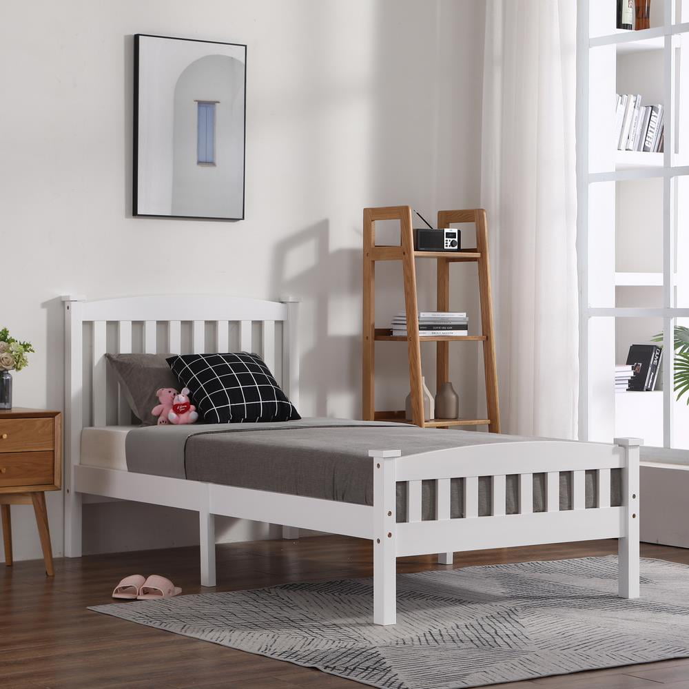 Ktaxon Twin Bed Frame,Solid Pine Wood Kids Twin Platform Bed Frame, Bedroom Twin Bed with Headboard for Adults, White, 78.94âL*42.44âW*39.17âH
