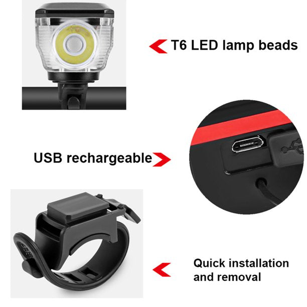 USB Rechargeable Bike Light， Solar Power LED Bike Headlight and Taillight Set Super Bright Bicycle Light Waterproof Safety Flashlight with Horn for Riding Hiking Camp Cycling Mountain Street Road