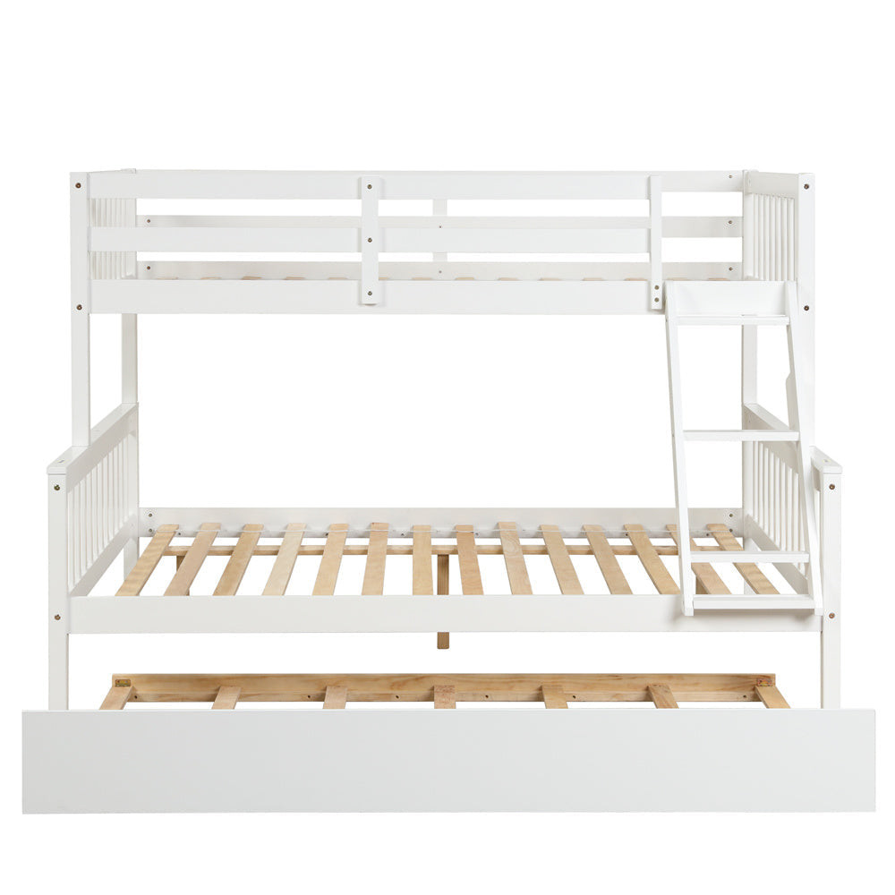 Twin Over Full Bunk Bed with Trundle, Pine Wood Bed Frame and Ladder with Guard Rails for Toddlers, Kids, Teens, Boys and Girls, White
