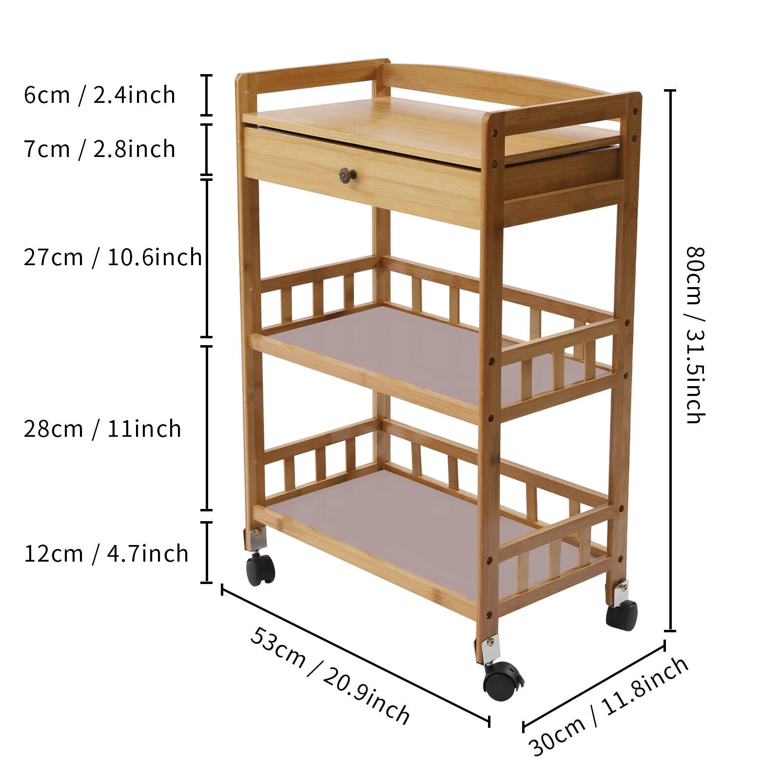 TFCFL Rolling Kitchen Cart 3 Tiers Bamboo Island Trolley Cart with Wheels and 1 Drawer