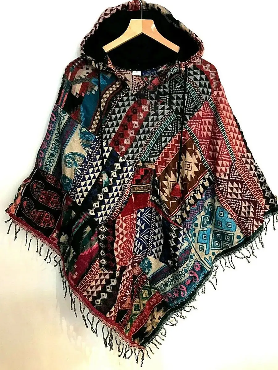 Vintage Print Ethnic Hooded Poncho