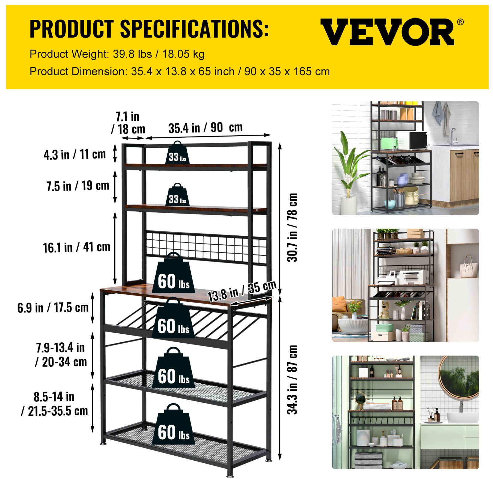 VEVOR Kitchen Bakers Rack with Cabinet 6-Tier Storage Shelf Rack 11 Hooks 65